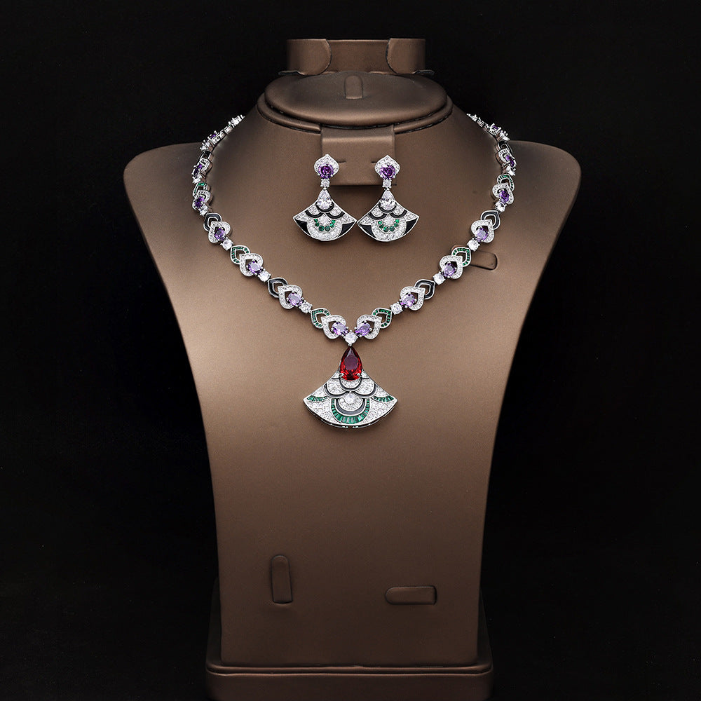 Luxury Green Crystal Necklace Set Gold Plated Copper Alloy Statement Jewelry for Women