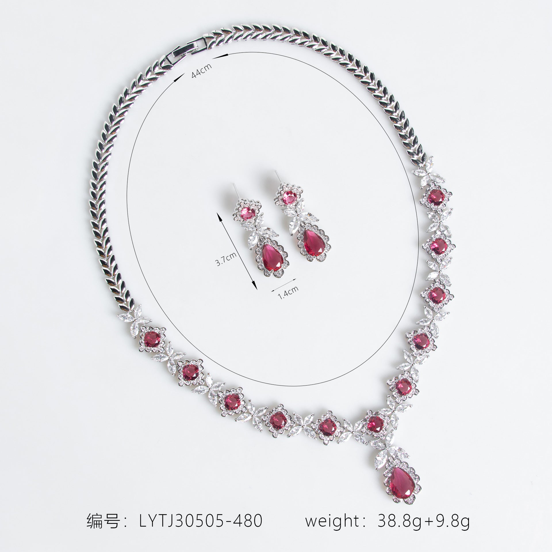Luxury Ruby Teardrop Necklace Set – Floral Crystal Earrings Jewelry