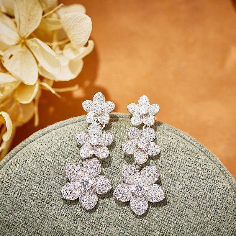 Fine craft copper gold-plated diamond-encrusted flower earrings