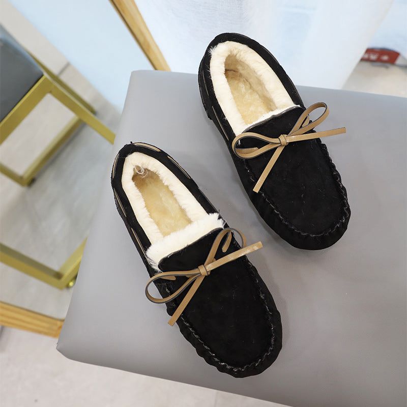 Fashion Large Size Fleece Bow Soft Sole Loafers