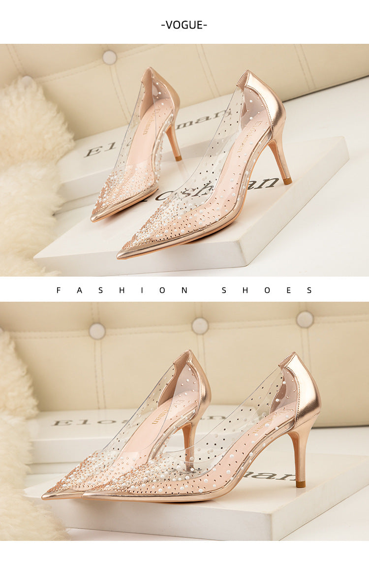 Transparent hollow pearl rhinestone sexy high heels