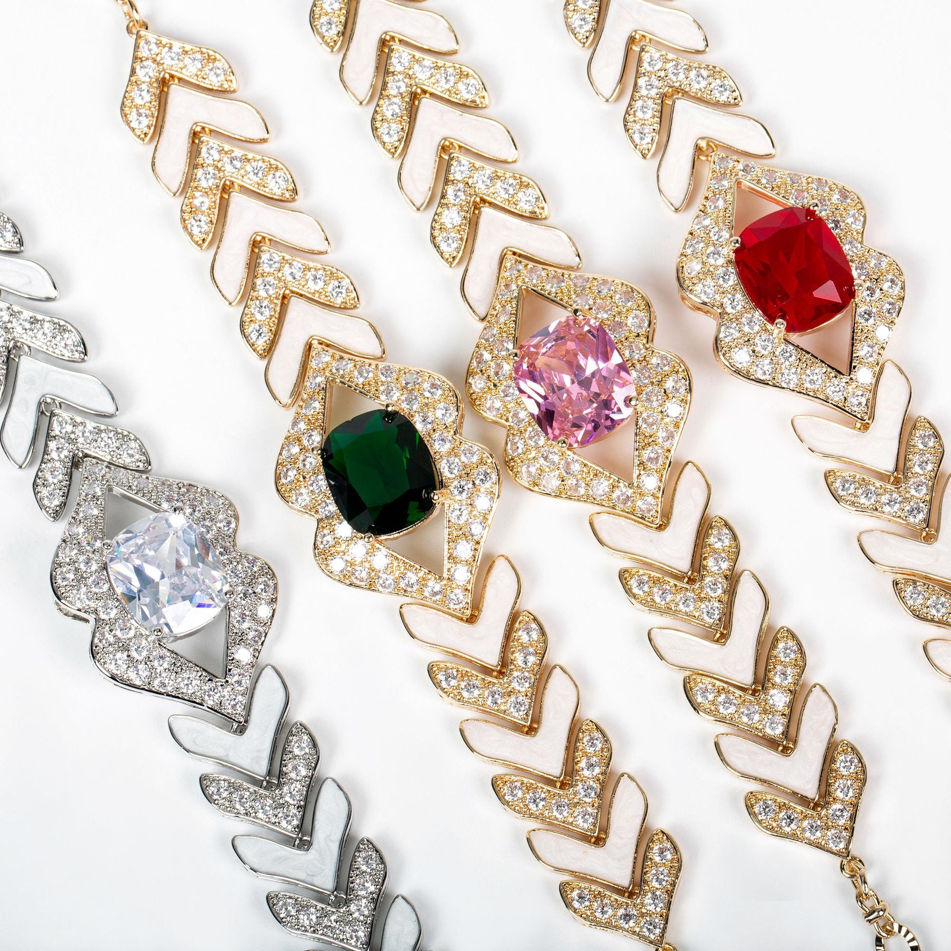Luxury Ruby Red Crystal Bracelet – Gold Tone White Enamel Statement Jewelry for Women