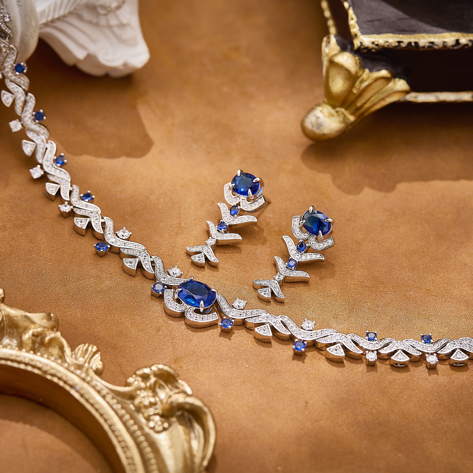 Luxury Sapphire Blue Crystal Jewelry Set – Necklace Earrings Bracelet Ring for Women