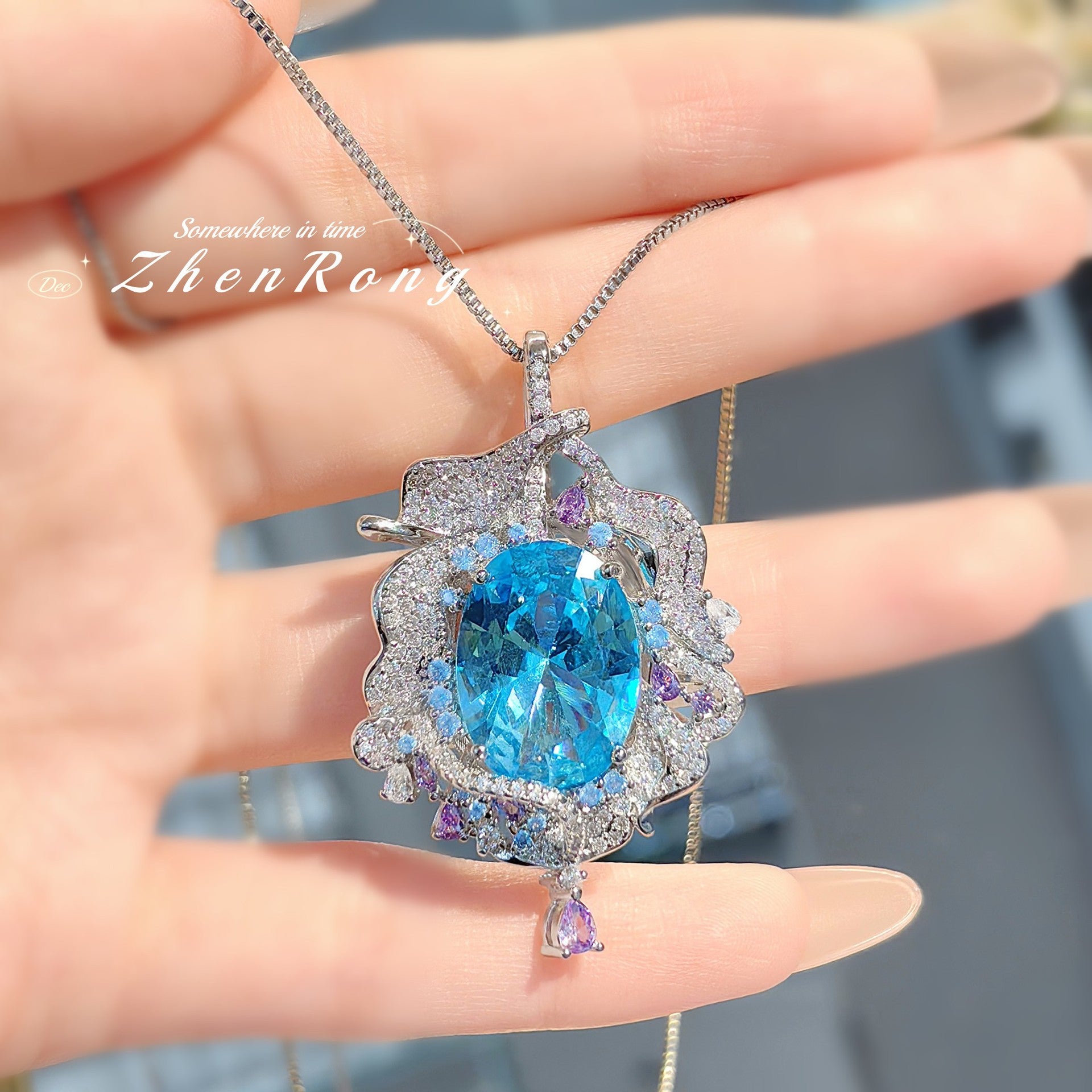 Fashion Shining Sea Blue Large Carat Gemstone Necklace