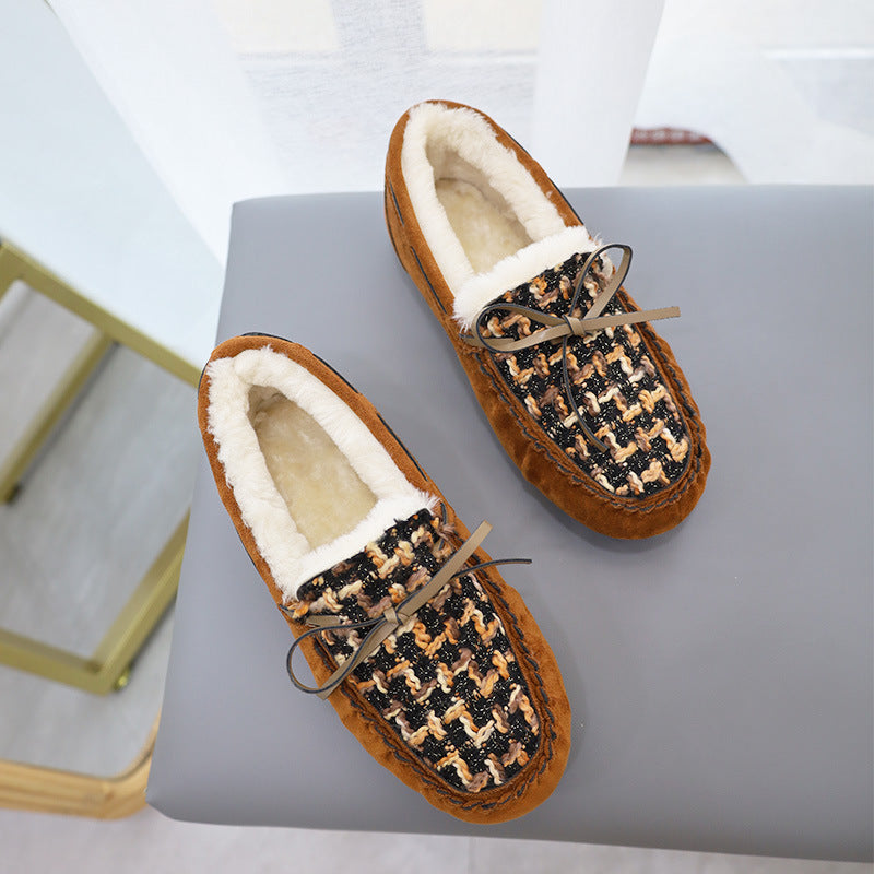 Fashion Large Size Fleece Bow Soft Sole Loafers