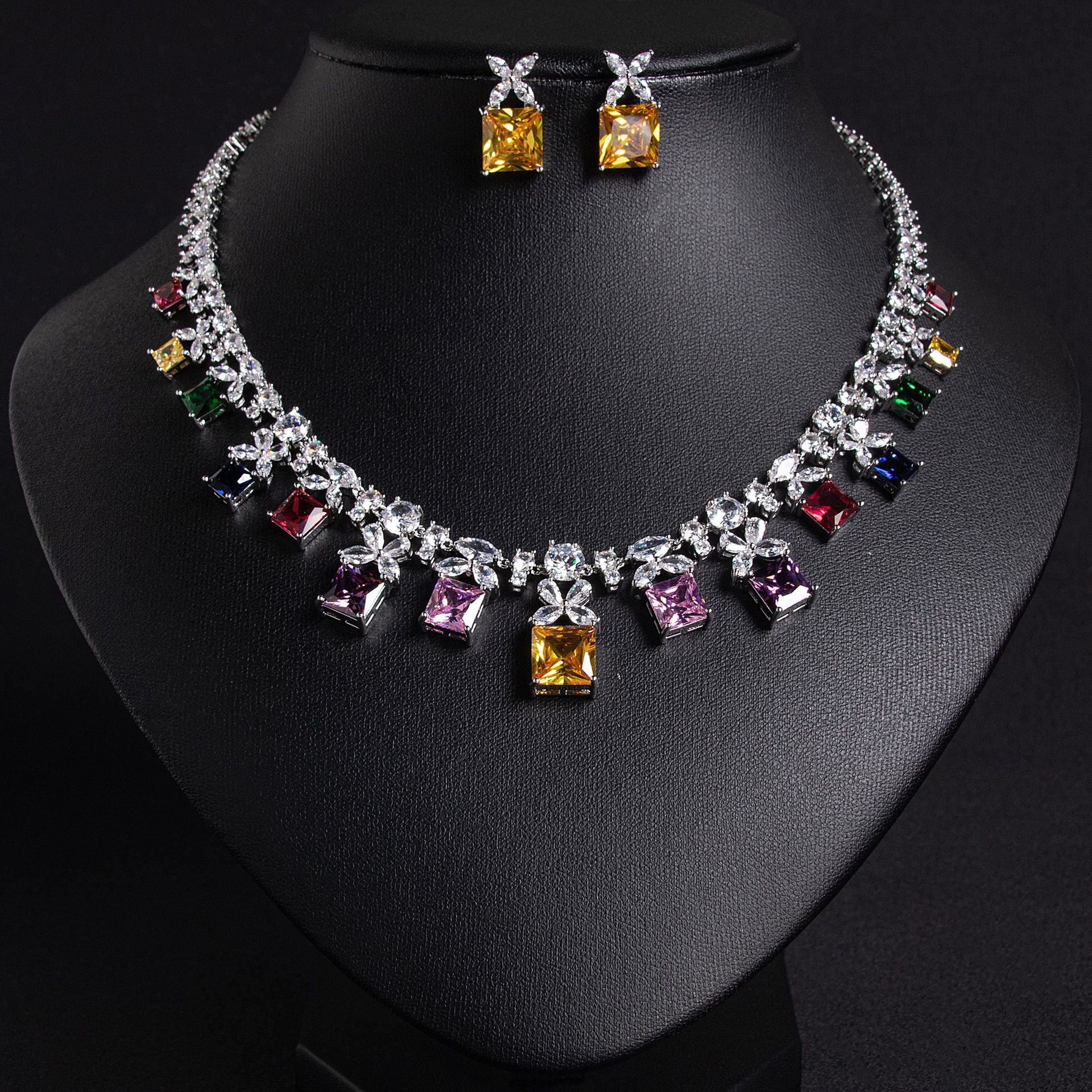 Luxury Ruby Red Square Gemstone Necklace Set for Women – Floral Statement Jewelry with Matching Earrings