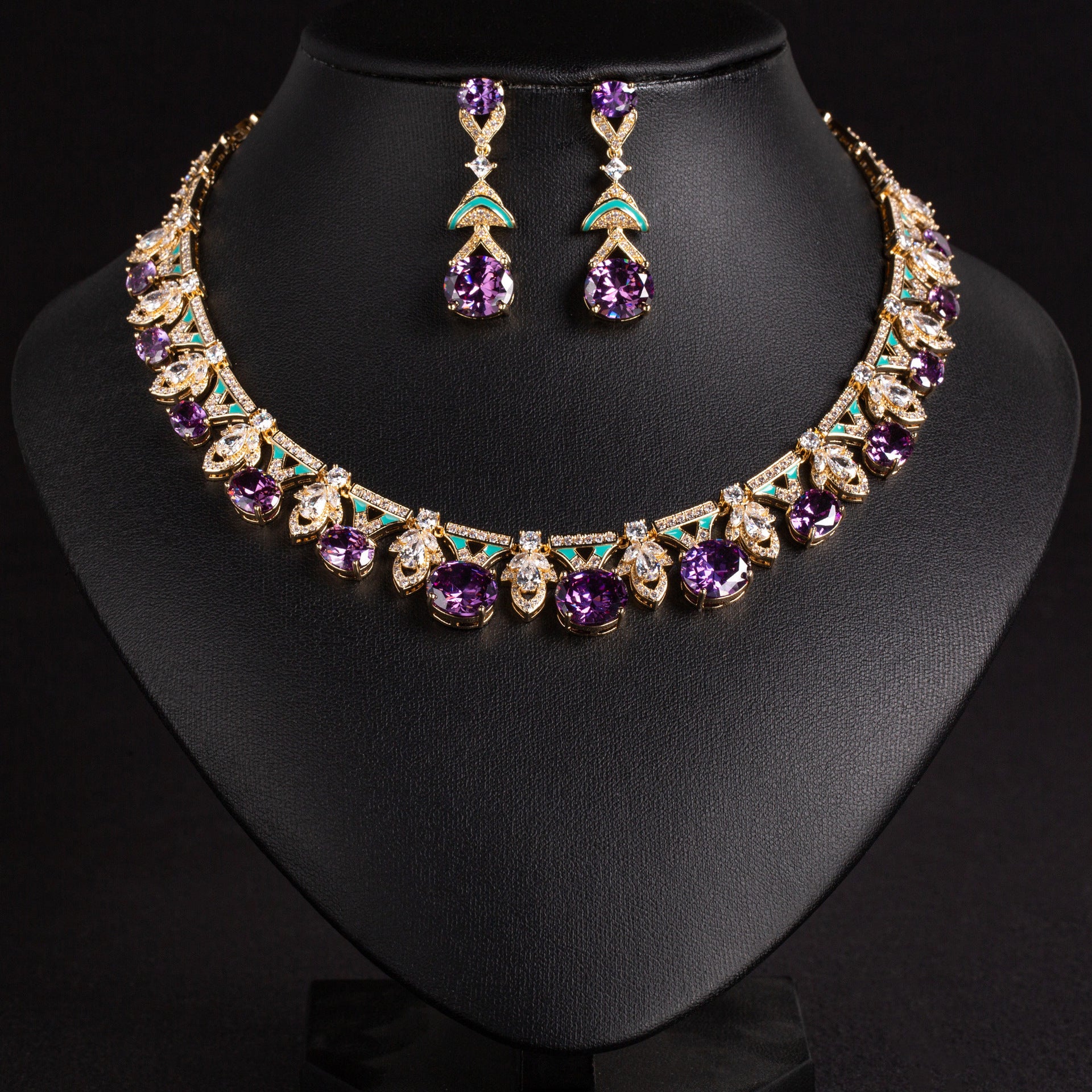 Luxury Amethyst Purple Crystal Necklace and Earrings Jewelry Set