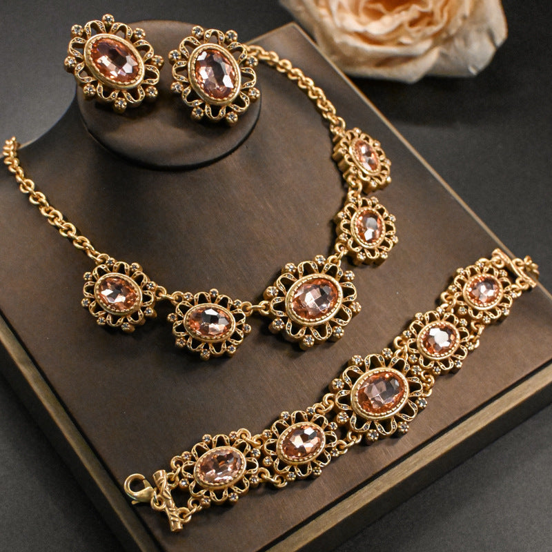 Retro electroplated glazed hollow relief jewelry set