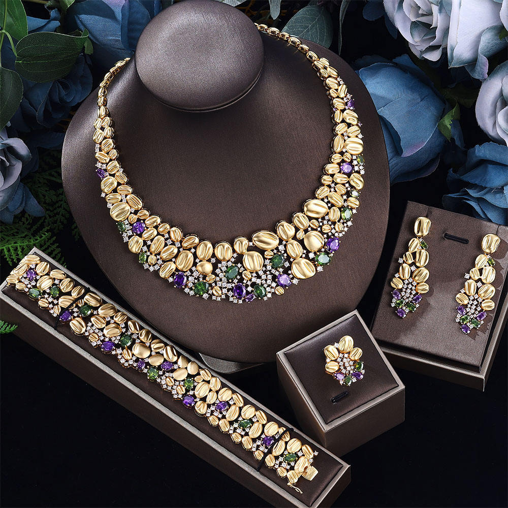 High-End Gold Statement Jewelry Set – Pink Blue Crystal Bridal Set for Women