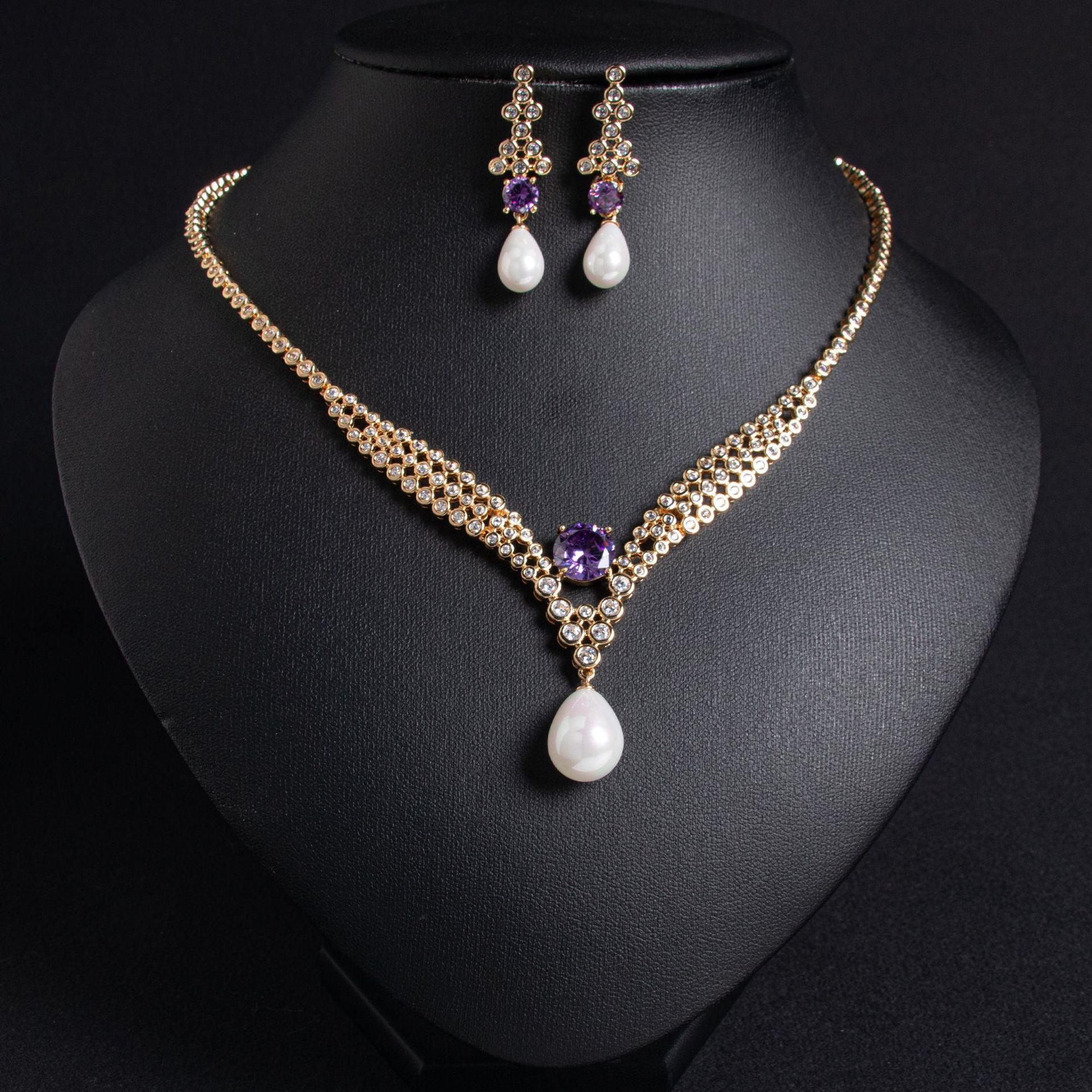 Elegant Purple Pearl Drop Jewelry Set – Gold Tone Necklace Earrings for Women