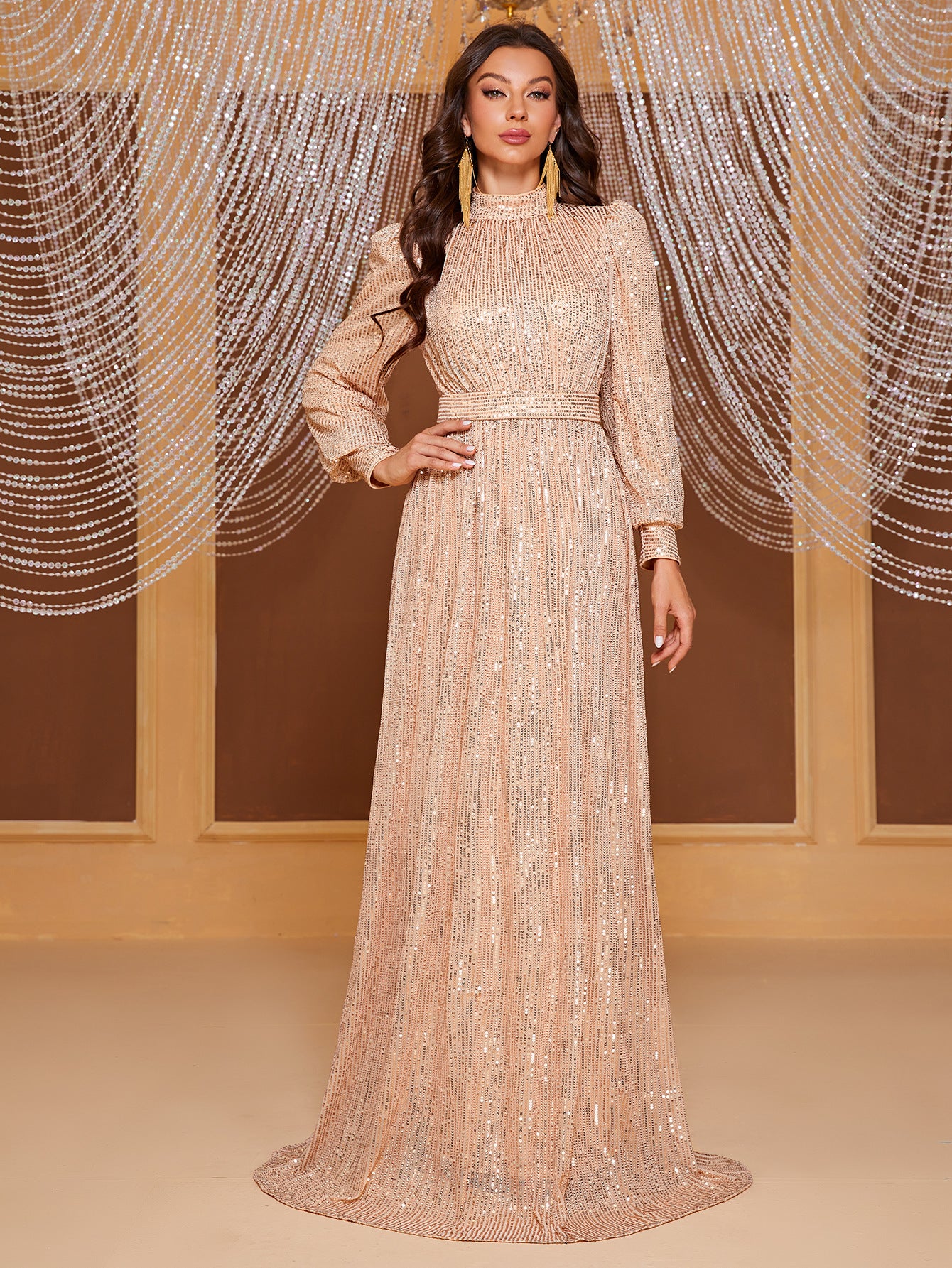 Solid color sequined long-sleeved stand-up neck evening dress long dress