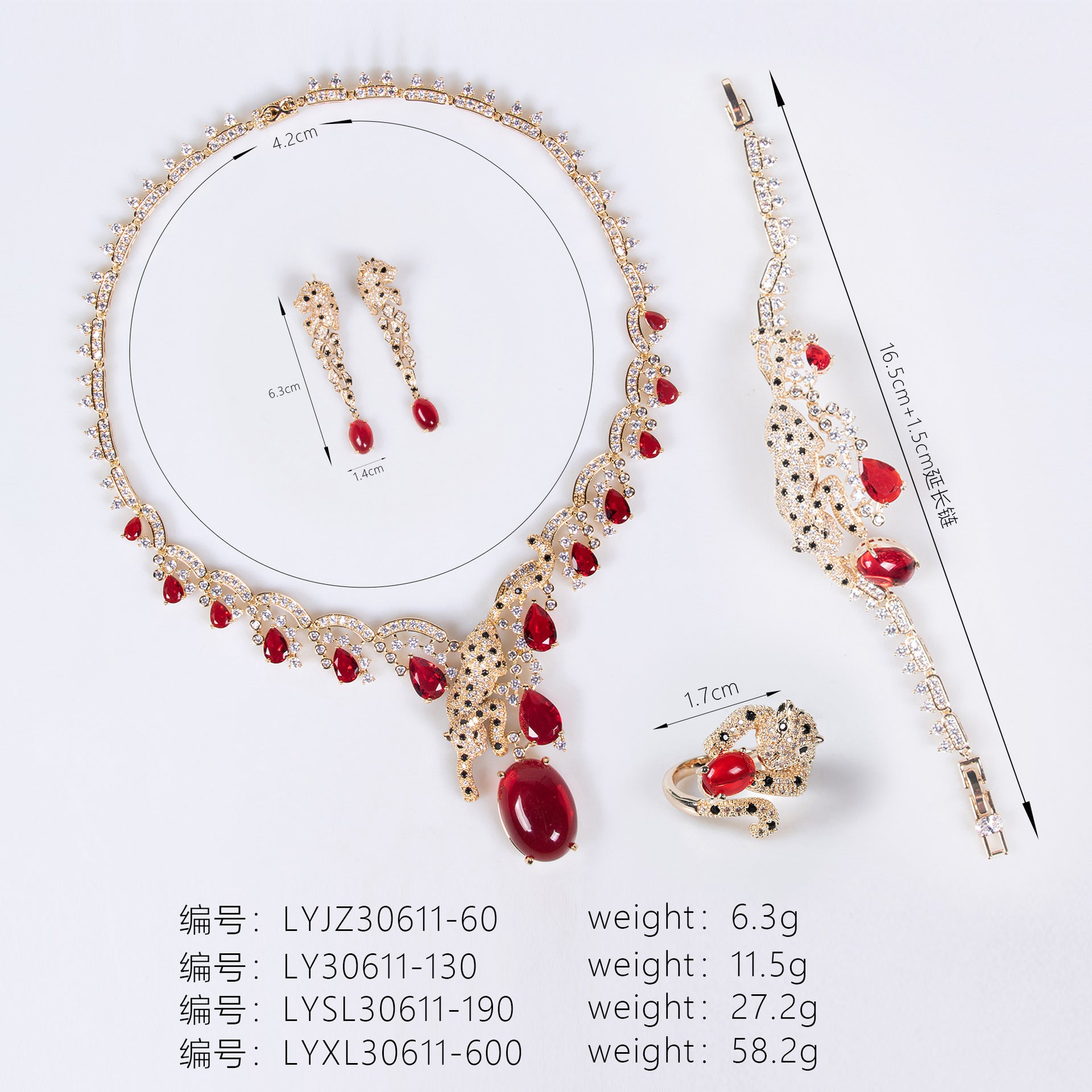 Luxury Ruby Red Leopard Jewelry Set – Gold Statement Necklace Earrings Bracelet