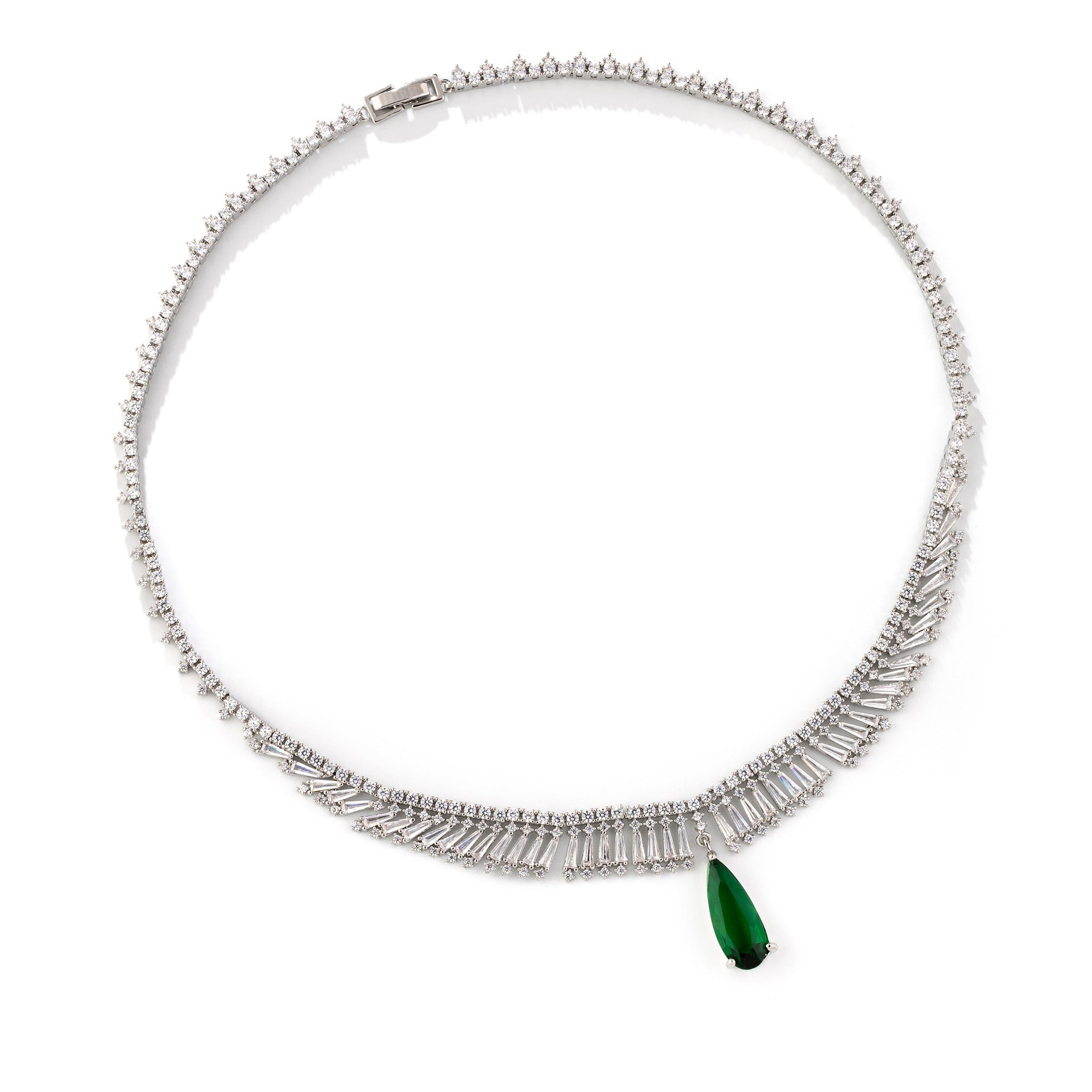Elegant Emerald Crystal Jewelry Set – Silver Necklace Earrings for Women