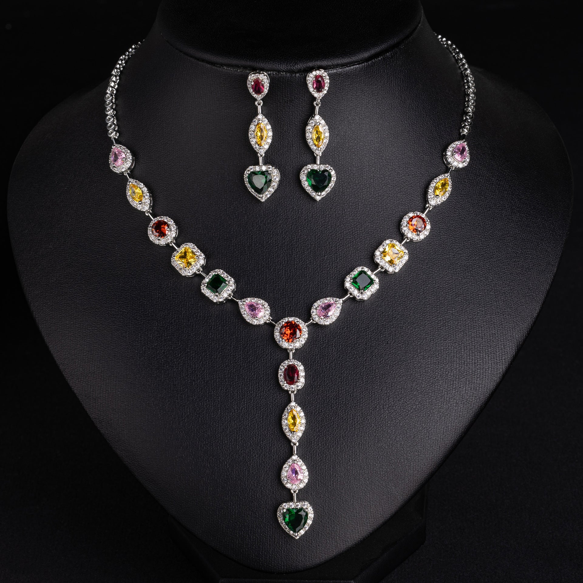 Luxury Multicolor Gemstone Heart Necklace Set for Women – Elegant Y-Drop Jewelry with Matching Earrings