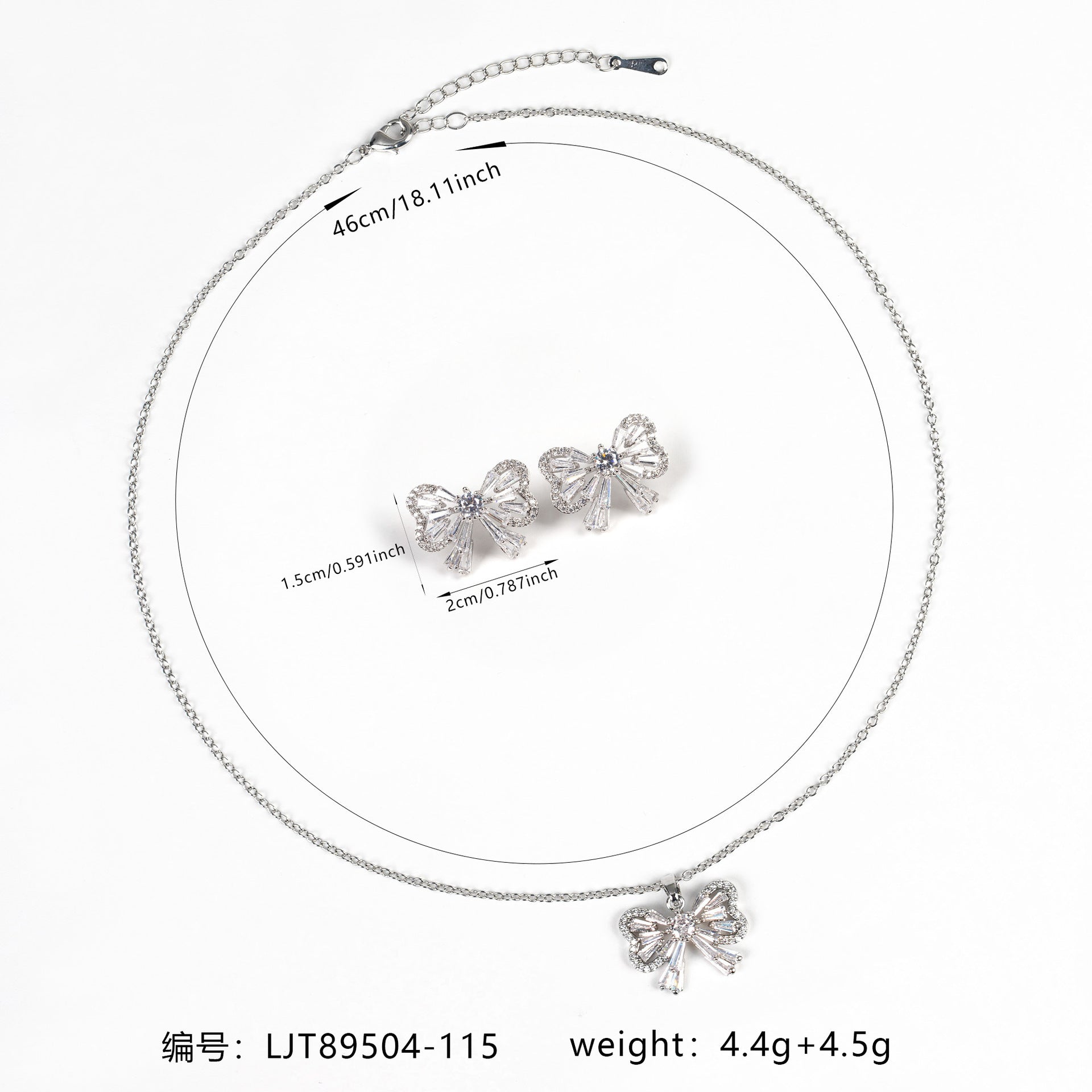 Elegant Silver Bow Crystal Necklace and Earrings Jewelry Set