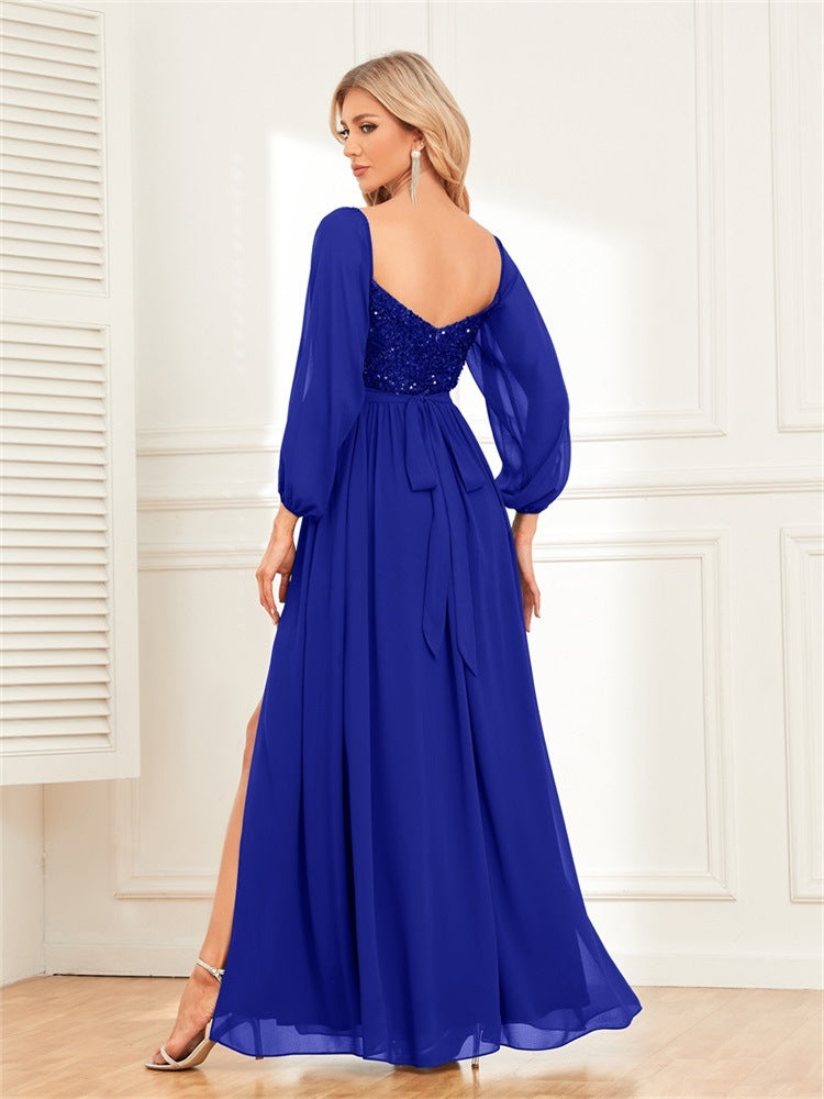 One-word shoulder sequin splicing chiffon dress