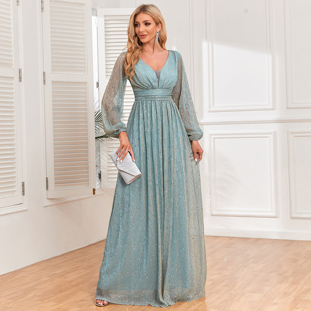 Shiny pleated long-sleeved V-neck dress