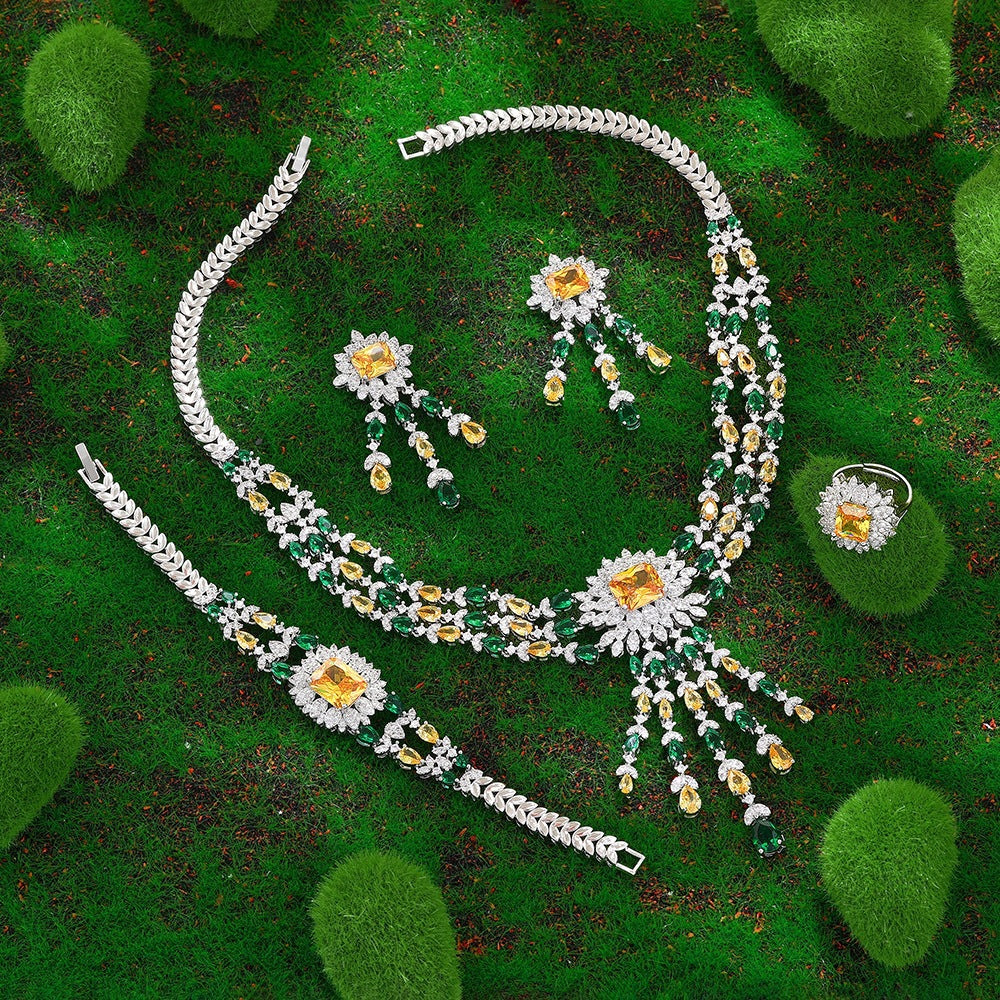 Luxury Green Crystal Necklace Earrings Bracelet Ring Jewelry Set