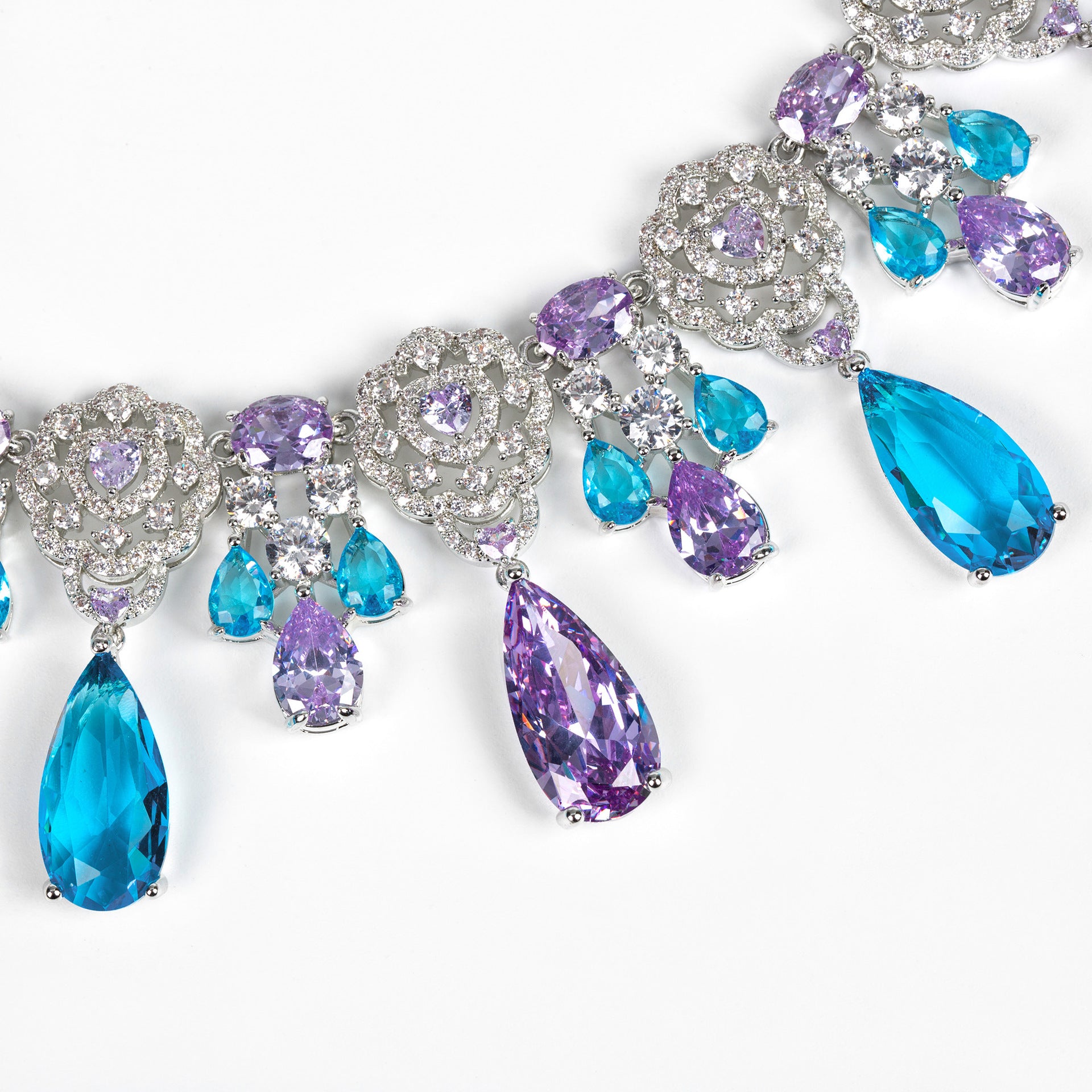 Luxury Purple & Blue Gemstone Statement Necklace Set for Women – Floral Jewelry with Matching Earrings