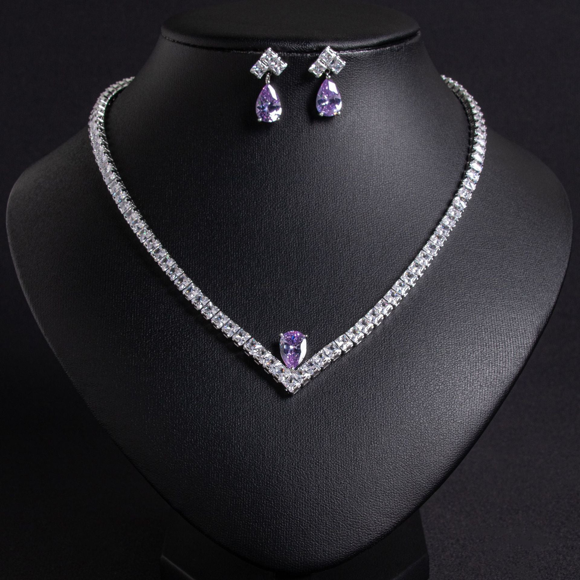 Luxury Pink Teardrop Crystal Necklace and Earrings Jewelry Set for Women