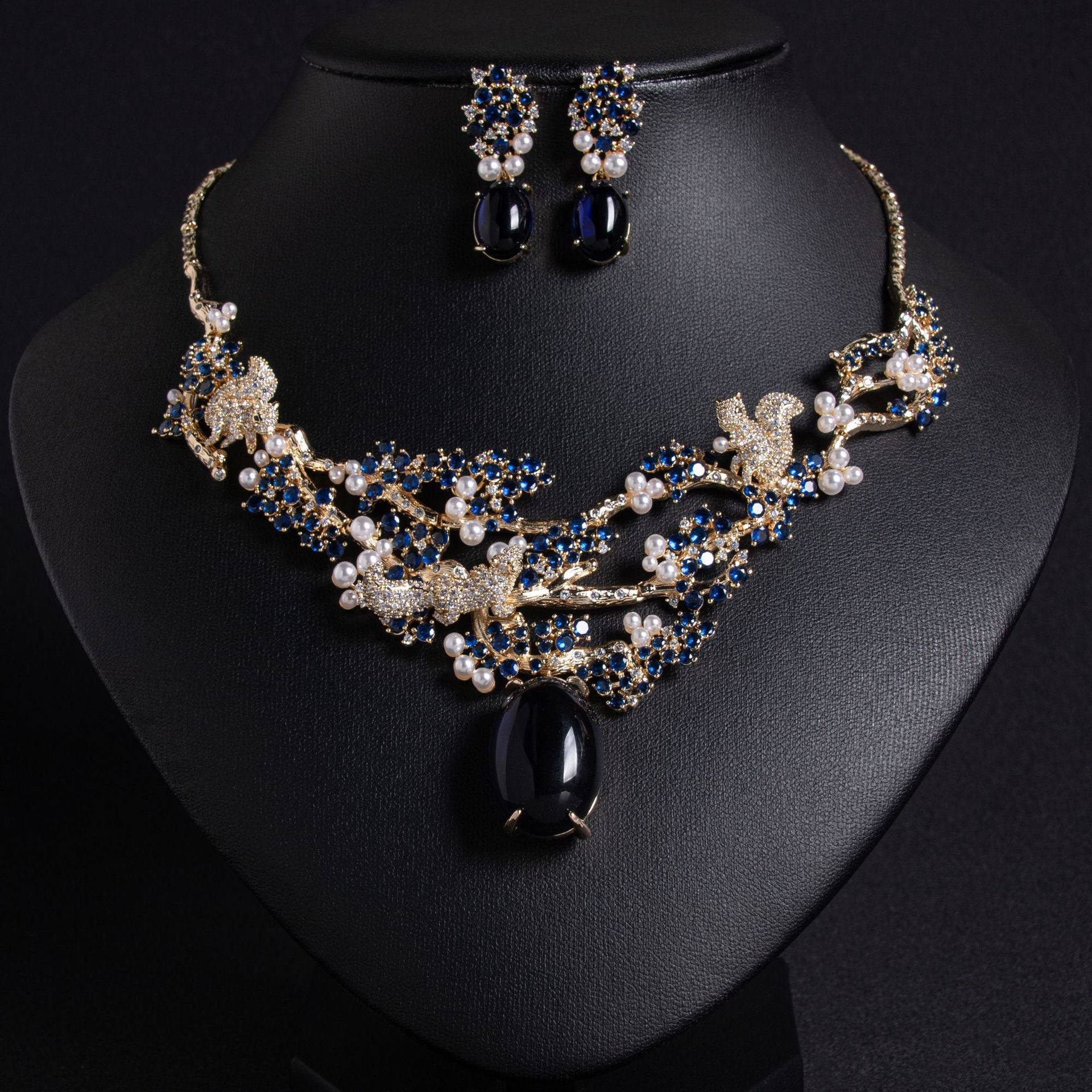Elegant Red Crystal Pearl Necklace Set – Floral Earrings Jewelry for Women