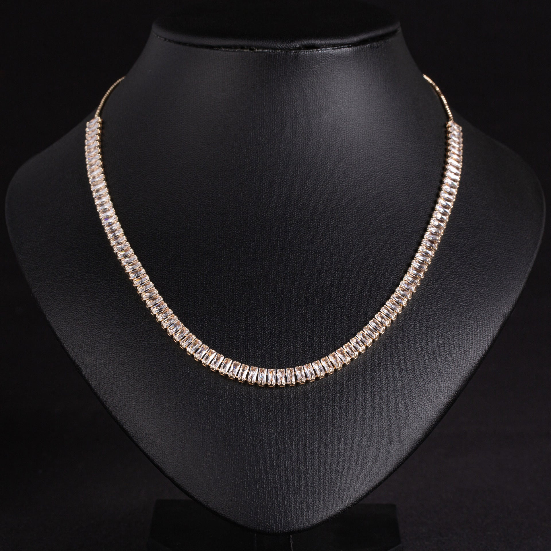 Elegant Gold Crystal Tennis Necklace – Baguette Cut Jewelry for Women