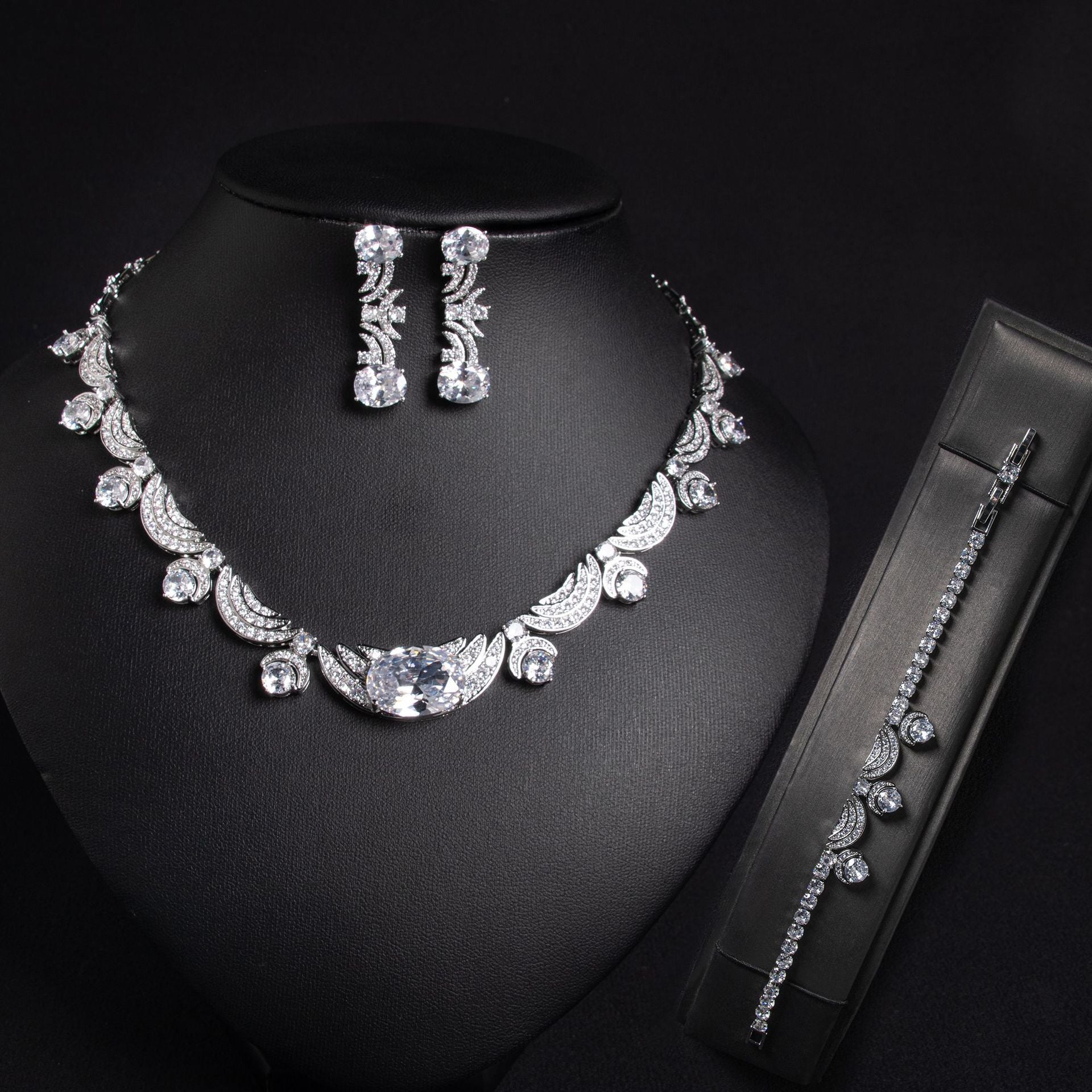 Luxury Ruby Red Crystal Necklace Earrings Bracelet Jewelry Set for Women