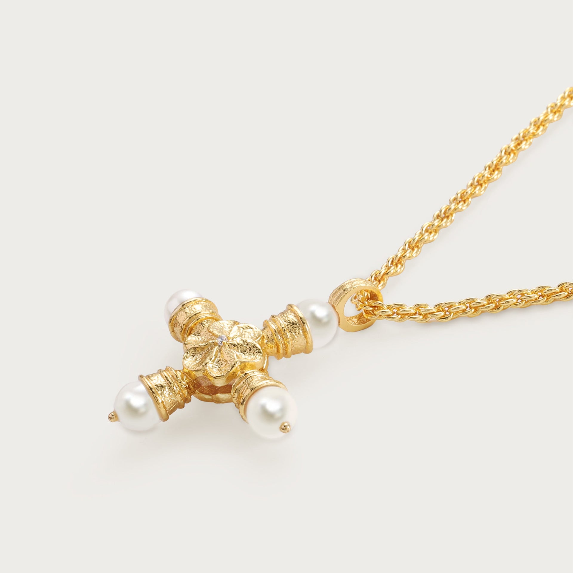 Medieval pearl zircon cross necklace