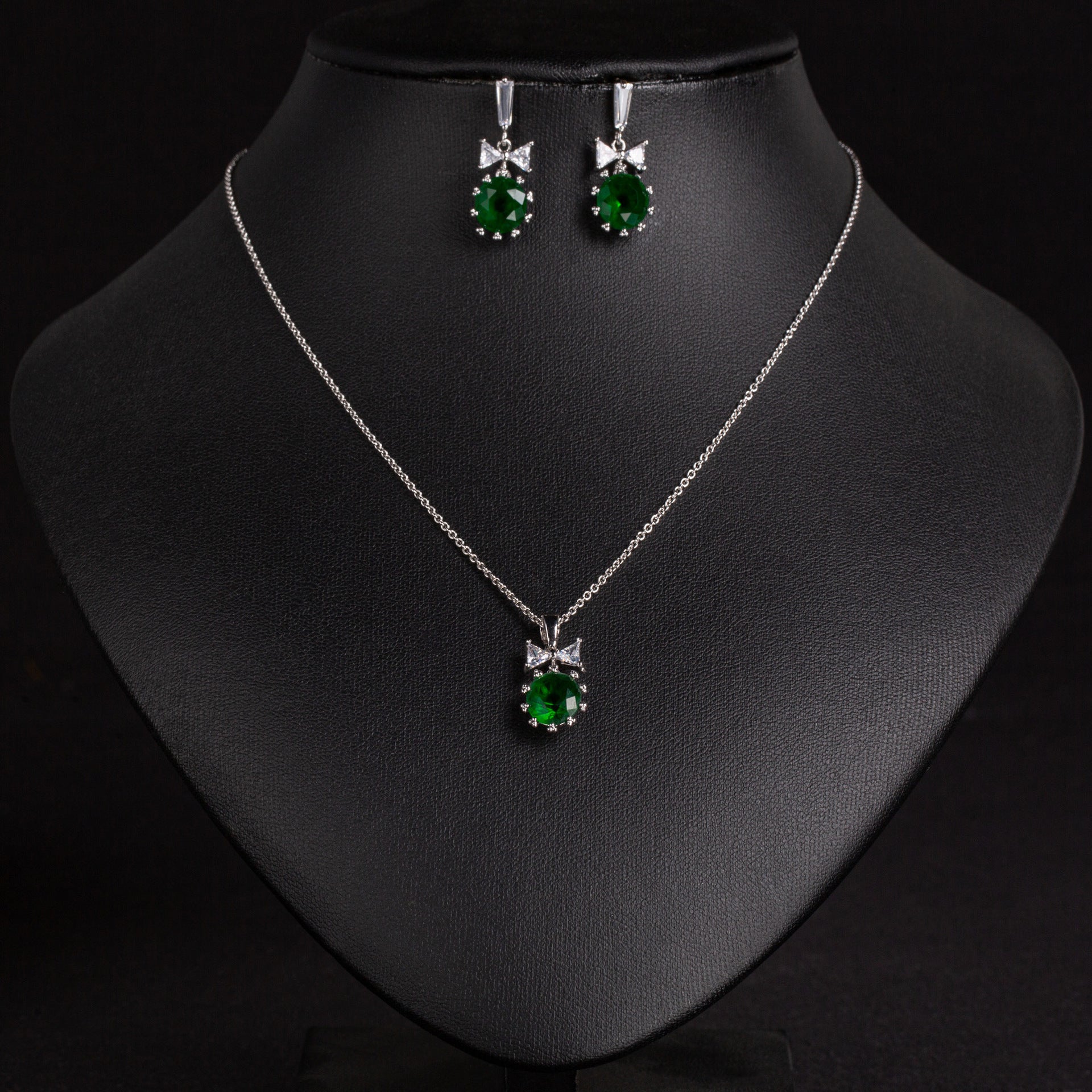 Elegant Ruby Red Crystal Necklace Earrings Set – Silver Bow Jewelry for Women