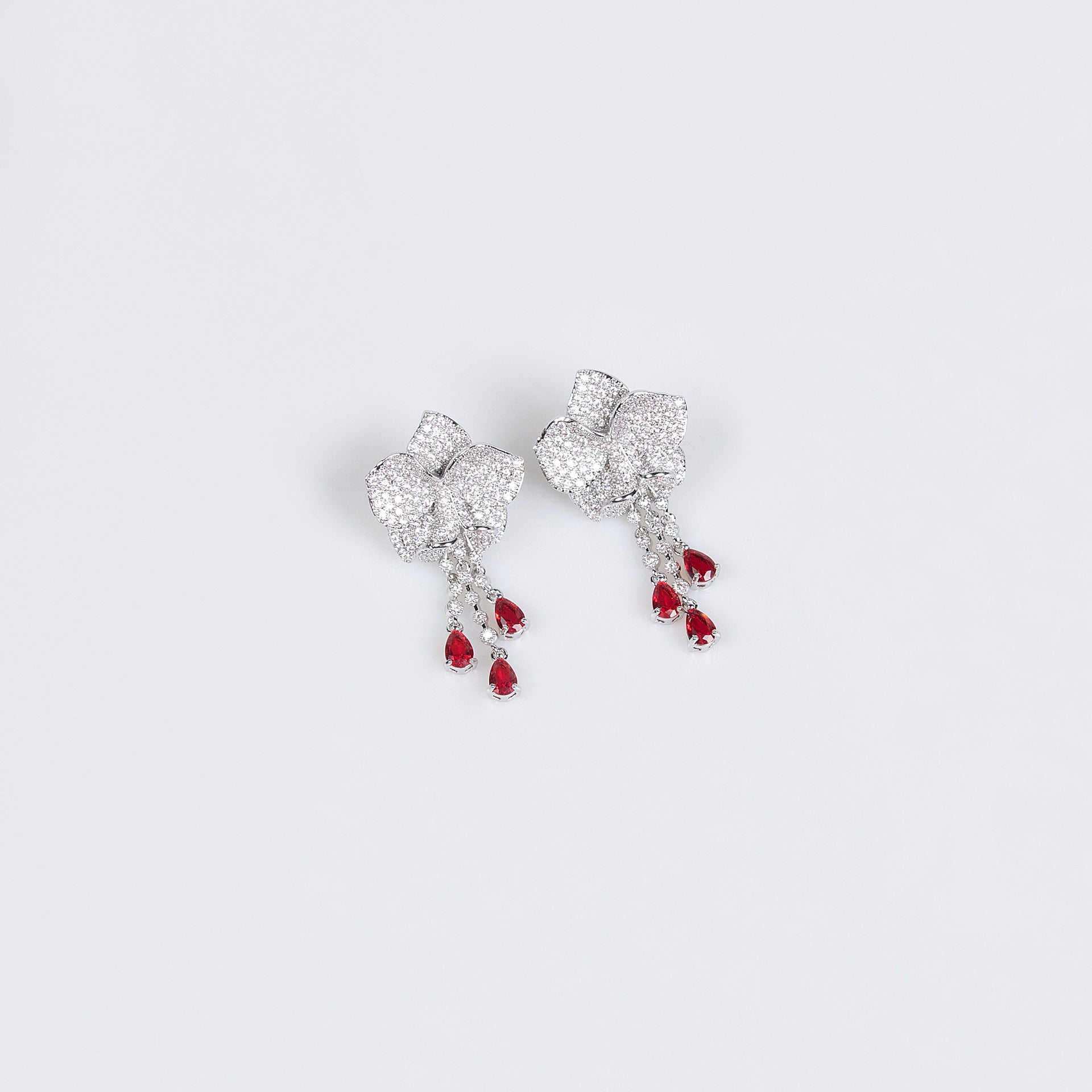 Luxury Silver Flower Ruby Drop Necklace Earrings Set – Elegant Jewelry for Women