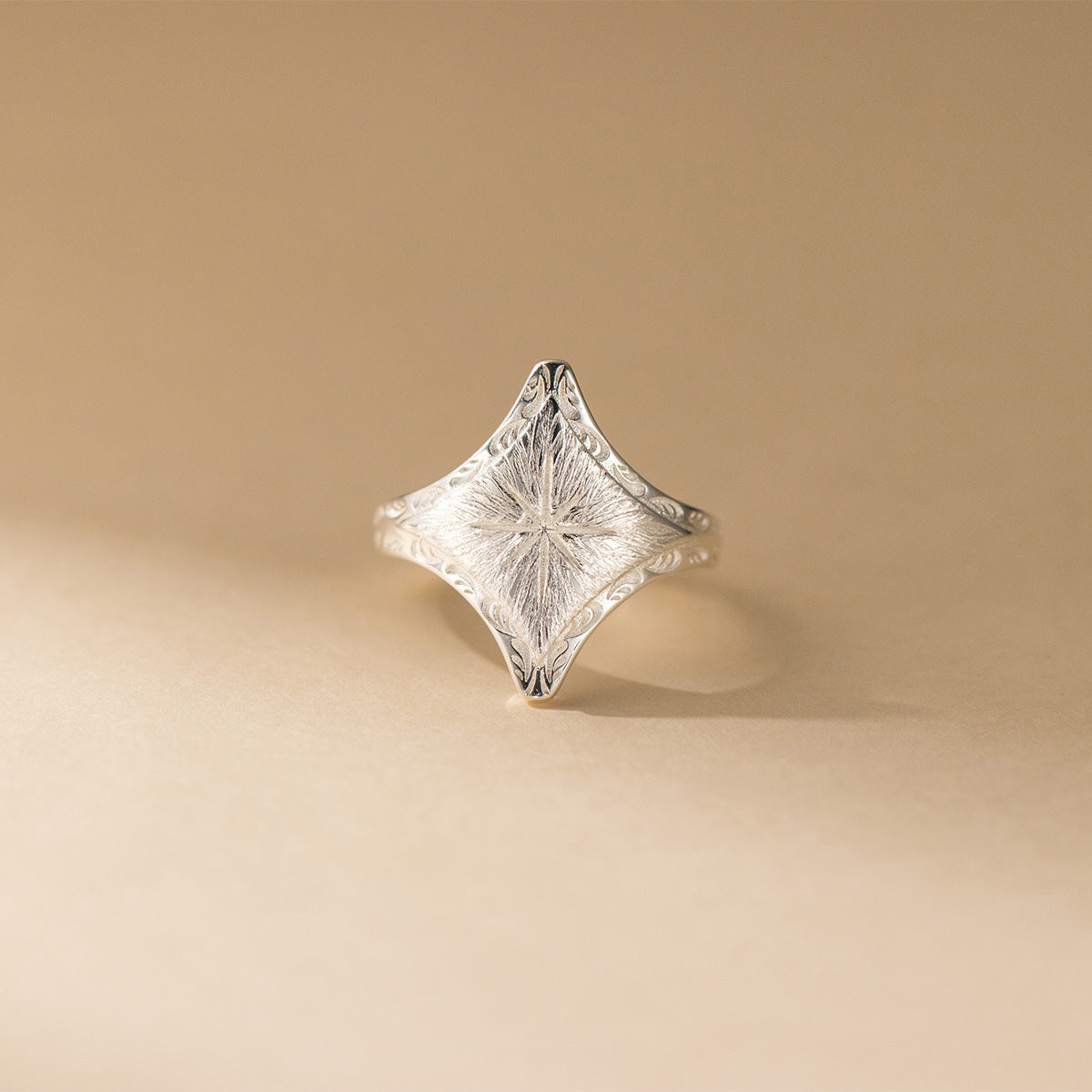 S925 Sterling Silver Vintage Brushed Four Pointed Star Ring