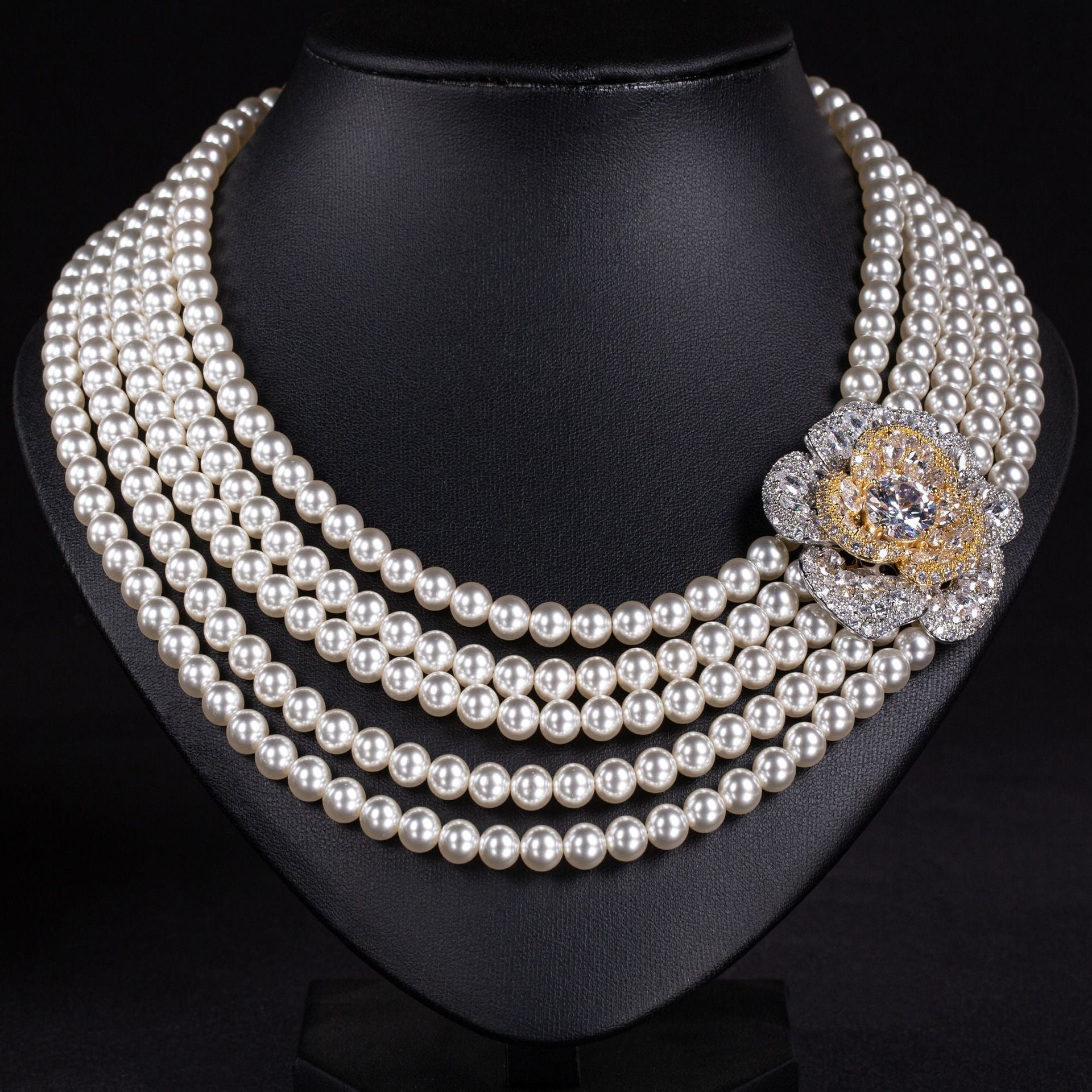 Luxury Multi Strand Pearl Necklace with Emerald Flower Brooch