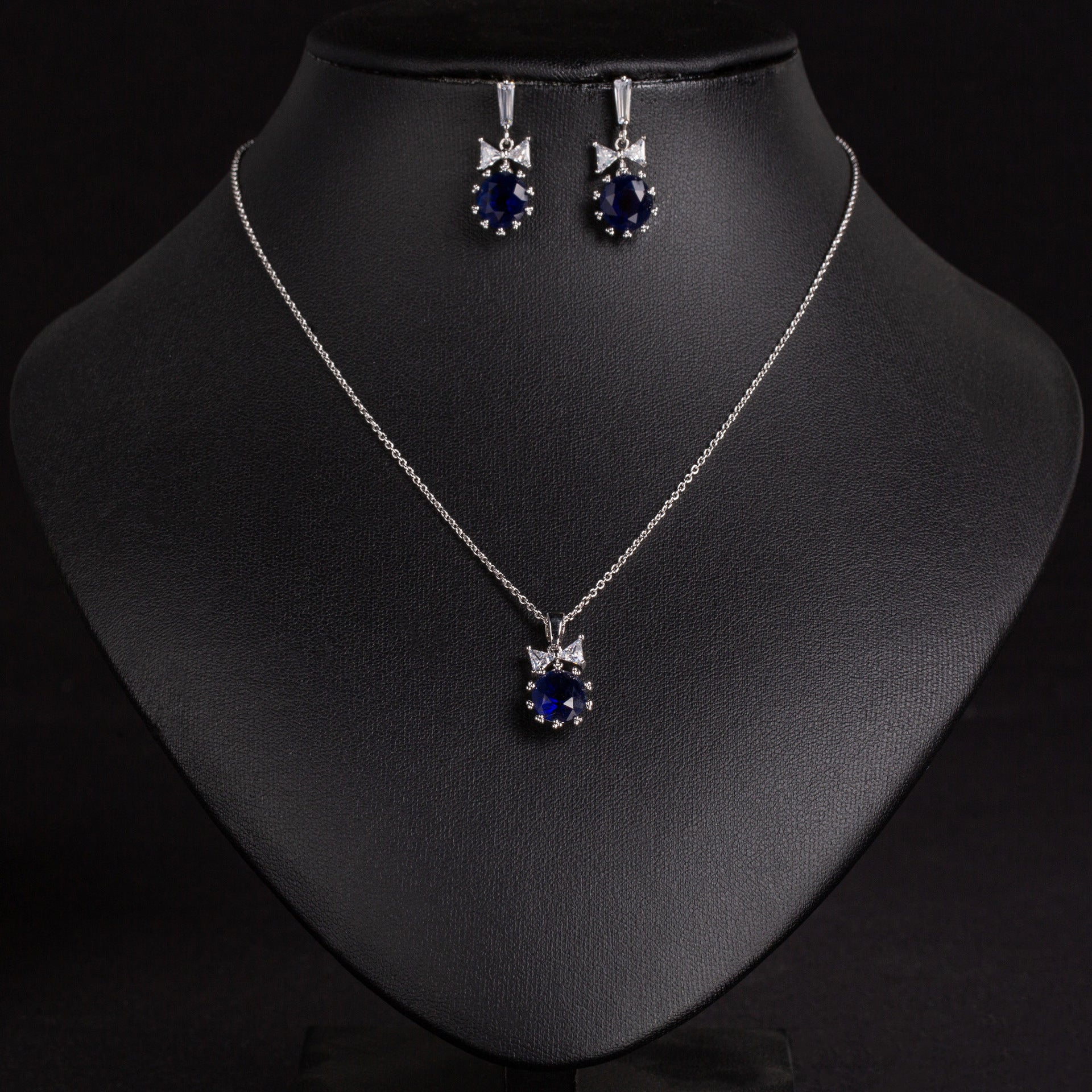Elegant Ruby Red Crystal Necklace Earrings Set – Silver Bow Jewelry for Women