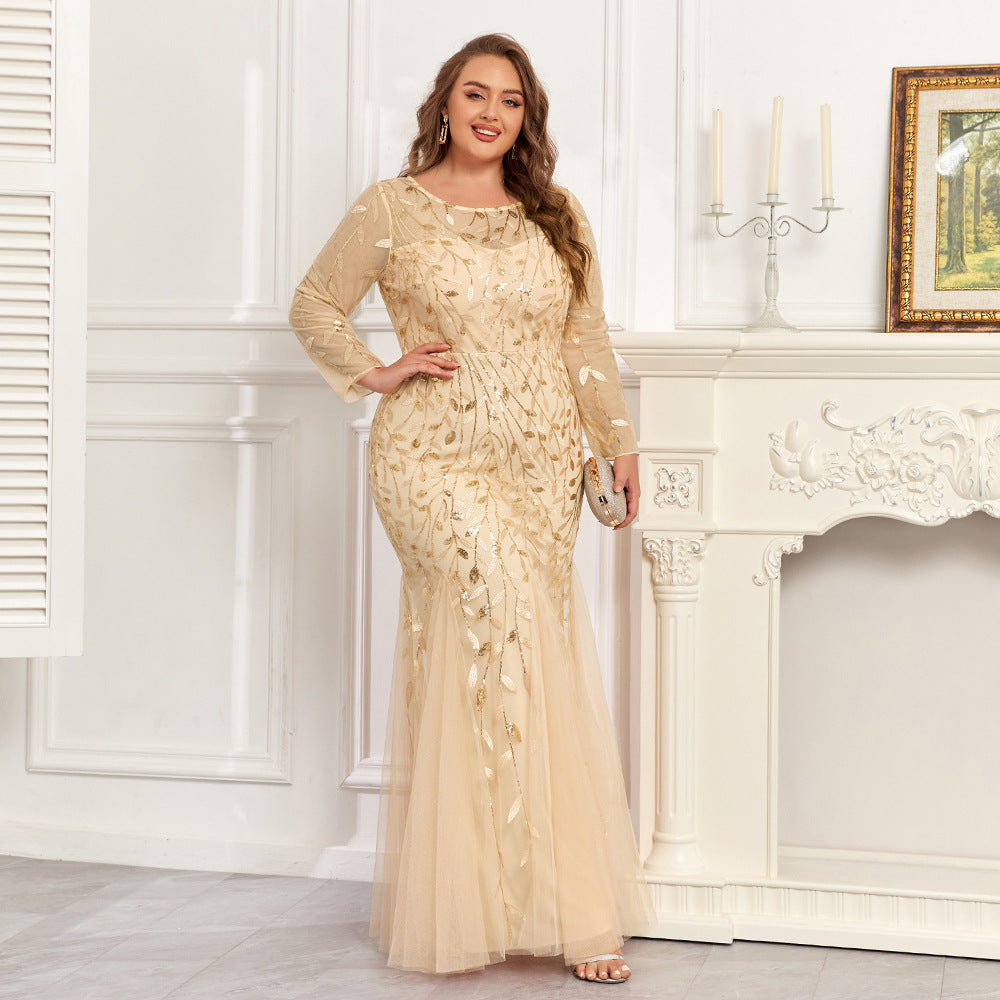 Large Size Crew Neck Embroidered Long Sleeve Fishtail Evening Dress