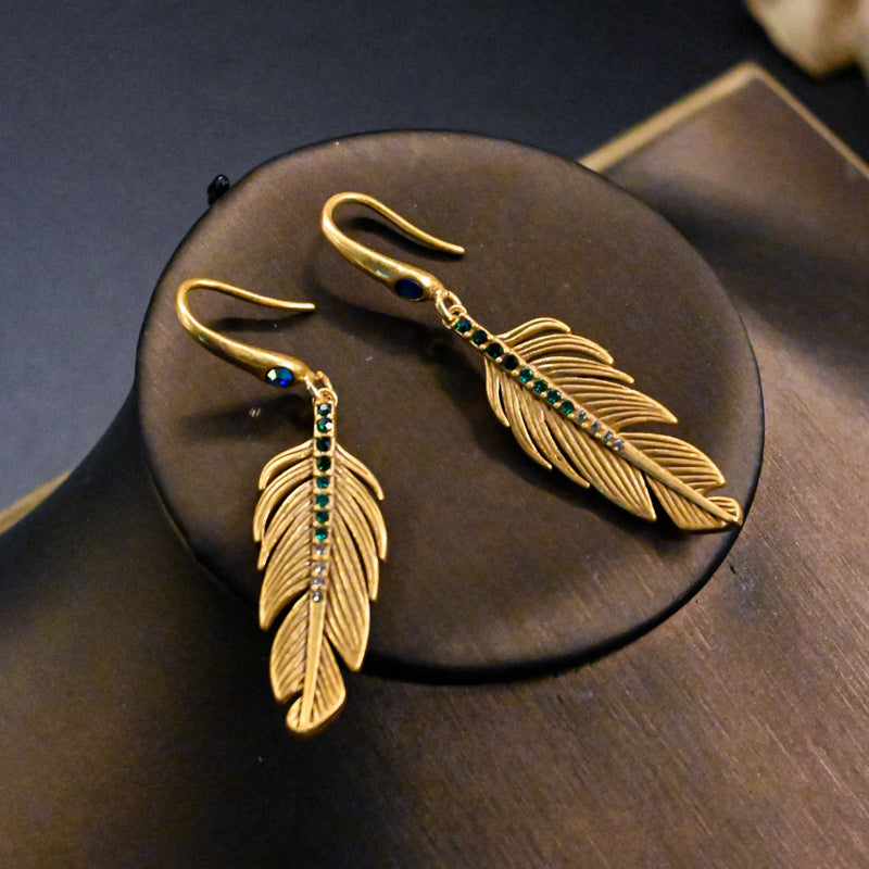 Vintage Brass Rhinestone Feather Earrings