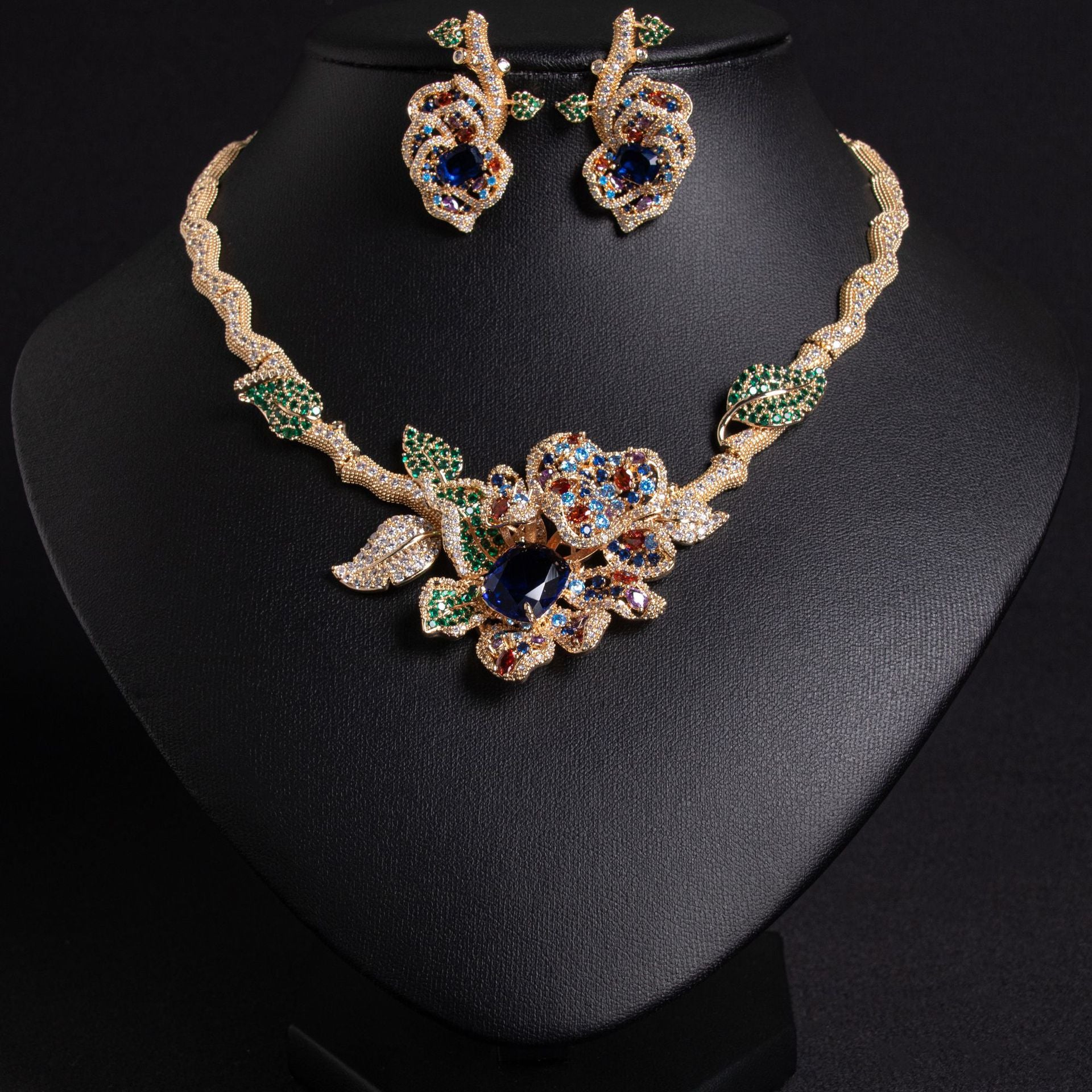 Luxury Red Crystal Flower Necklace Set – Elegant Gemstone Jewelry for Women