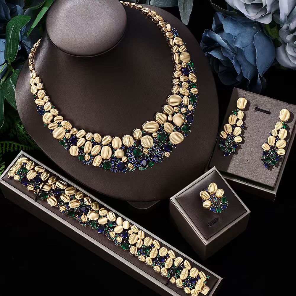 High-End Gold Statement Jewelry Set – Pink Blue Crystal Bridal Set for Women