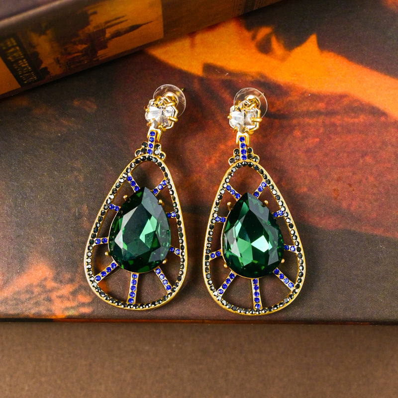 Premium malachite green rhinestone hollow water drop stud earrings
