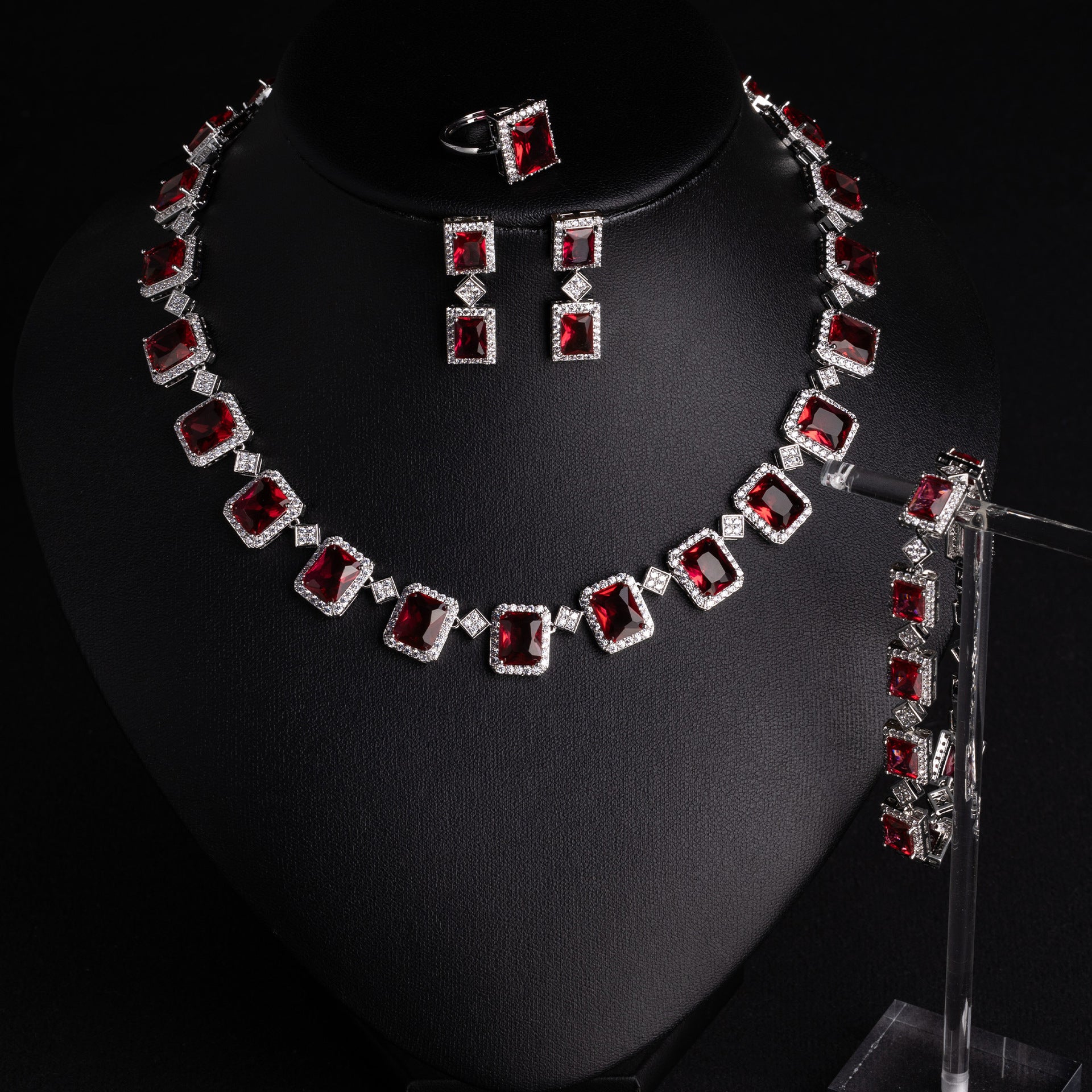 Luxury Emerald Green Square Crystal Jewelry Set – Necklace Earrings Ring for Women