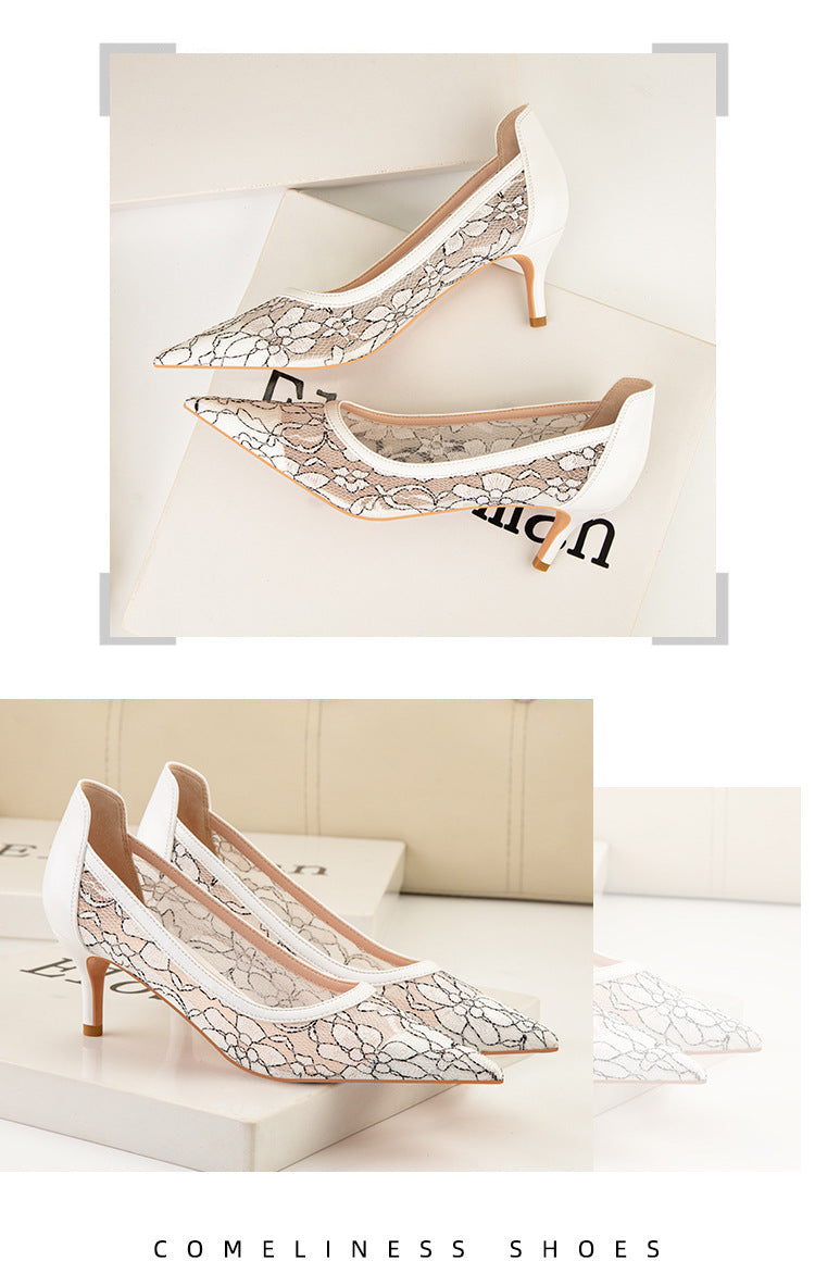 Sexy pointed hollow lace high heels