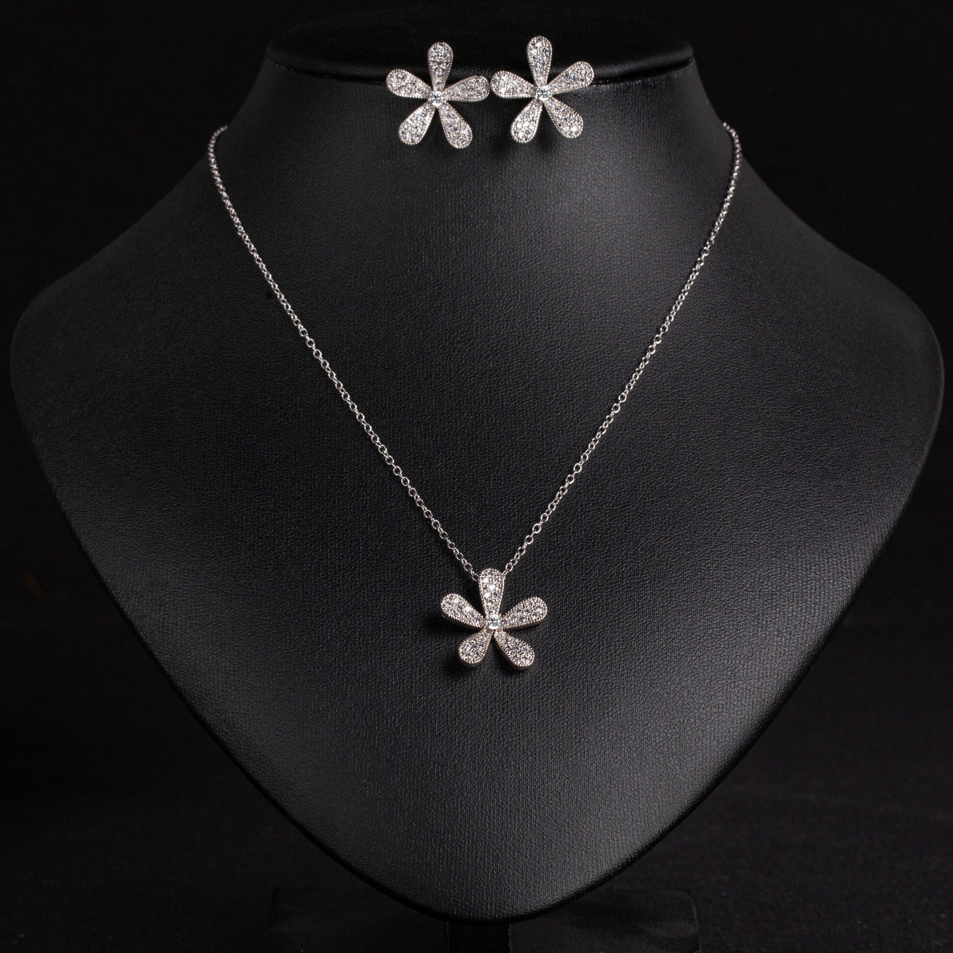 Elegant Silver Floral Crystal Necklace and Earrings Jewelry Set