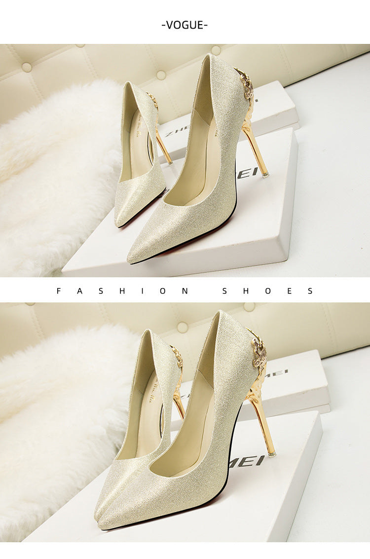 Metal hollow suede pointed heels