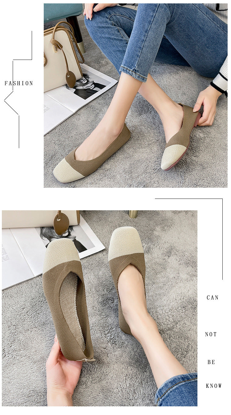 Fashion color matching woven square head flat bottom loafers