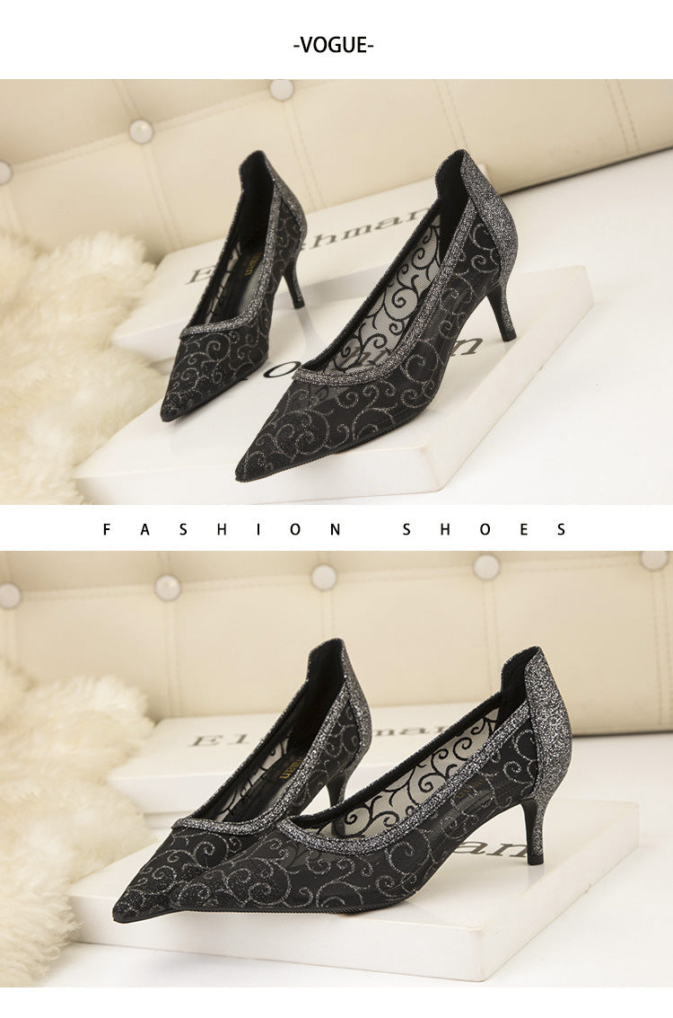 Pointed mesh hollow lace banquet wedding heels