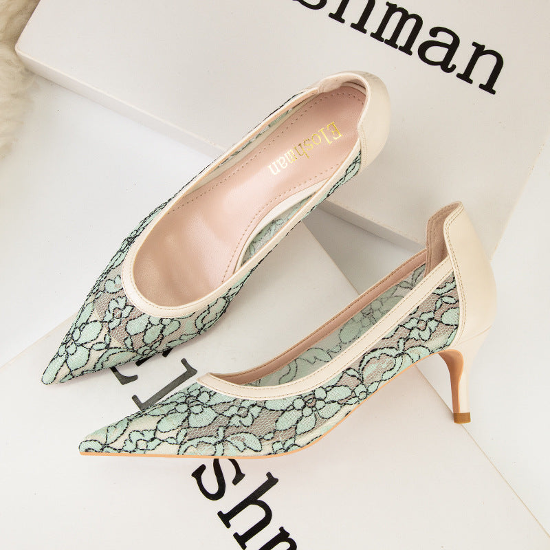 Sexy pointed hollow lace high heels