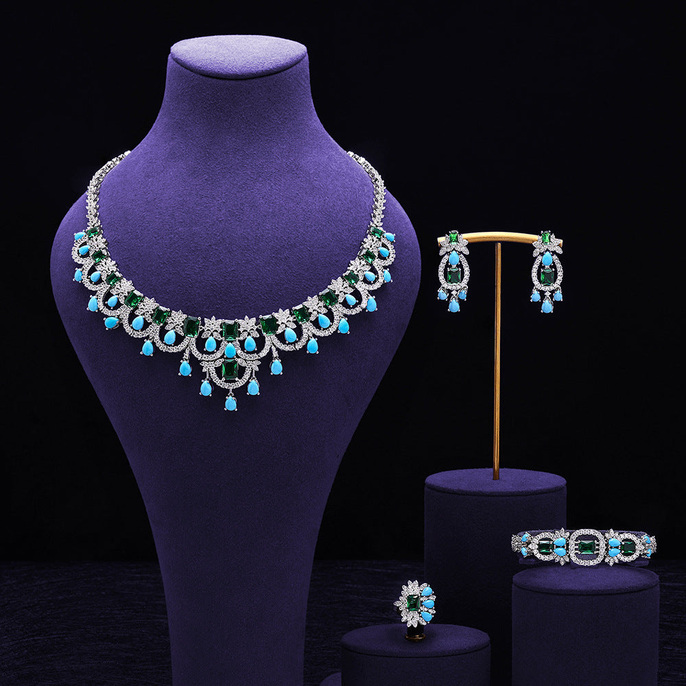 Luxury Pink and Turquoise Crystal Necklace Earrings Bracelet Ring Jewelry Set