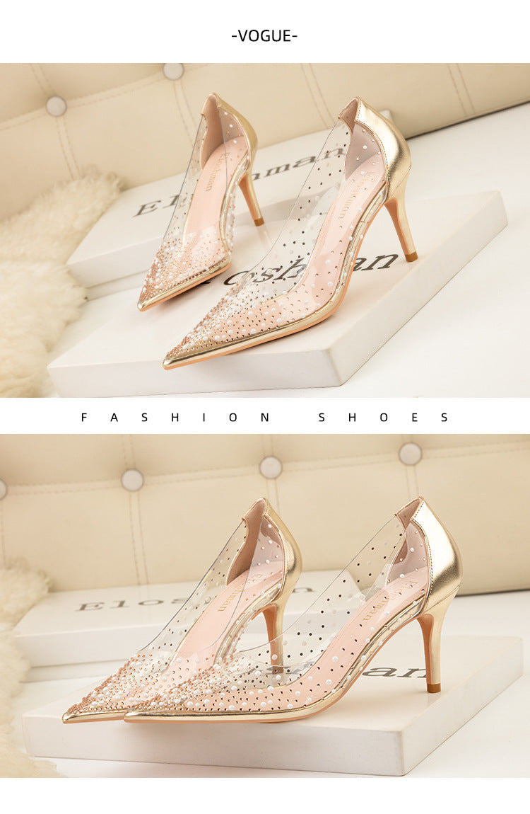 Transparent hollow pearl rhinestone sexy high heels