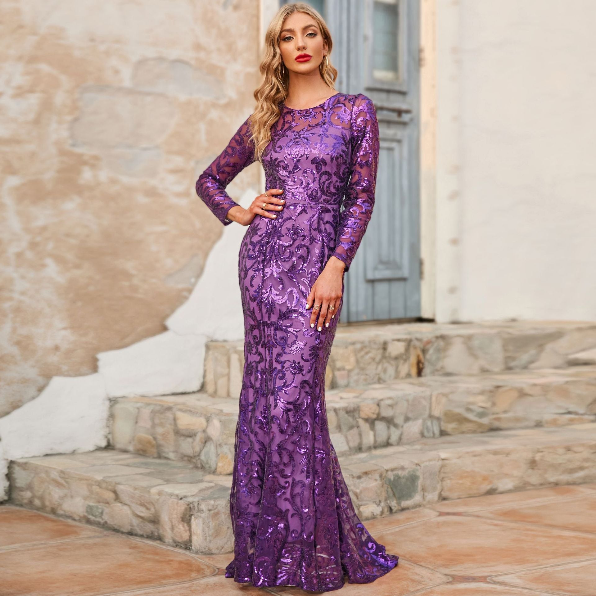 Purple fashion sequin long sleeved dress