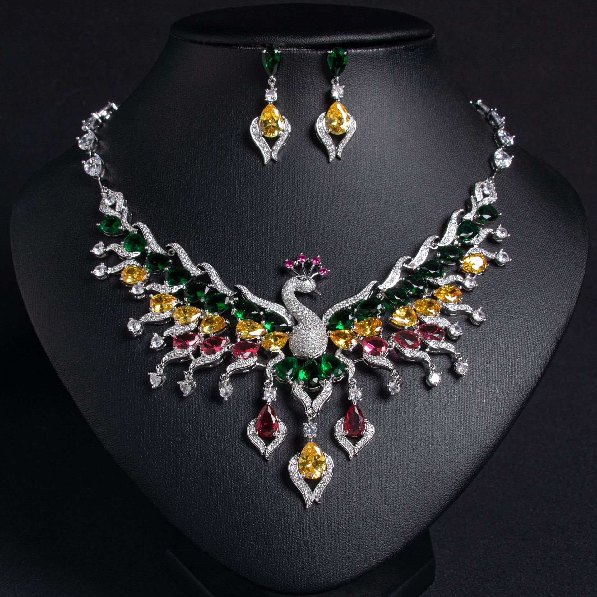 Luxury Multicolor Peacock Crystal Necklace and Earrings Jewelry Set
