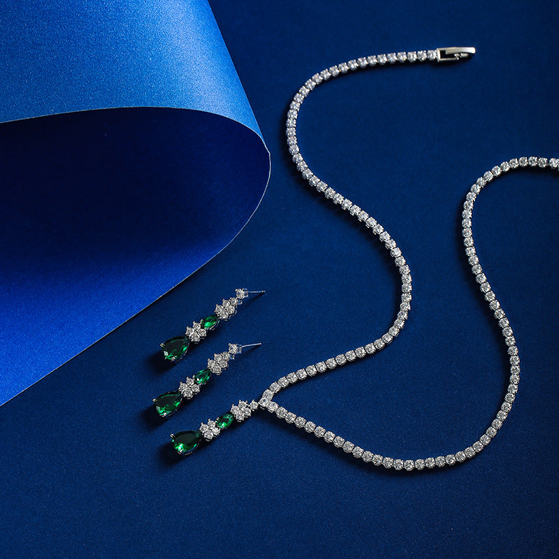 Elegant Emerald Crystal Jewelry Set – Silver Necklace Earrings for Women
